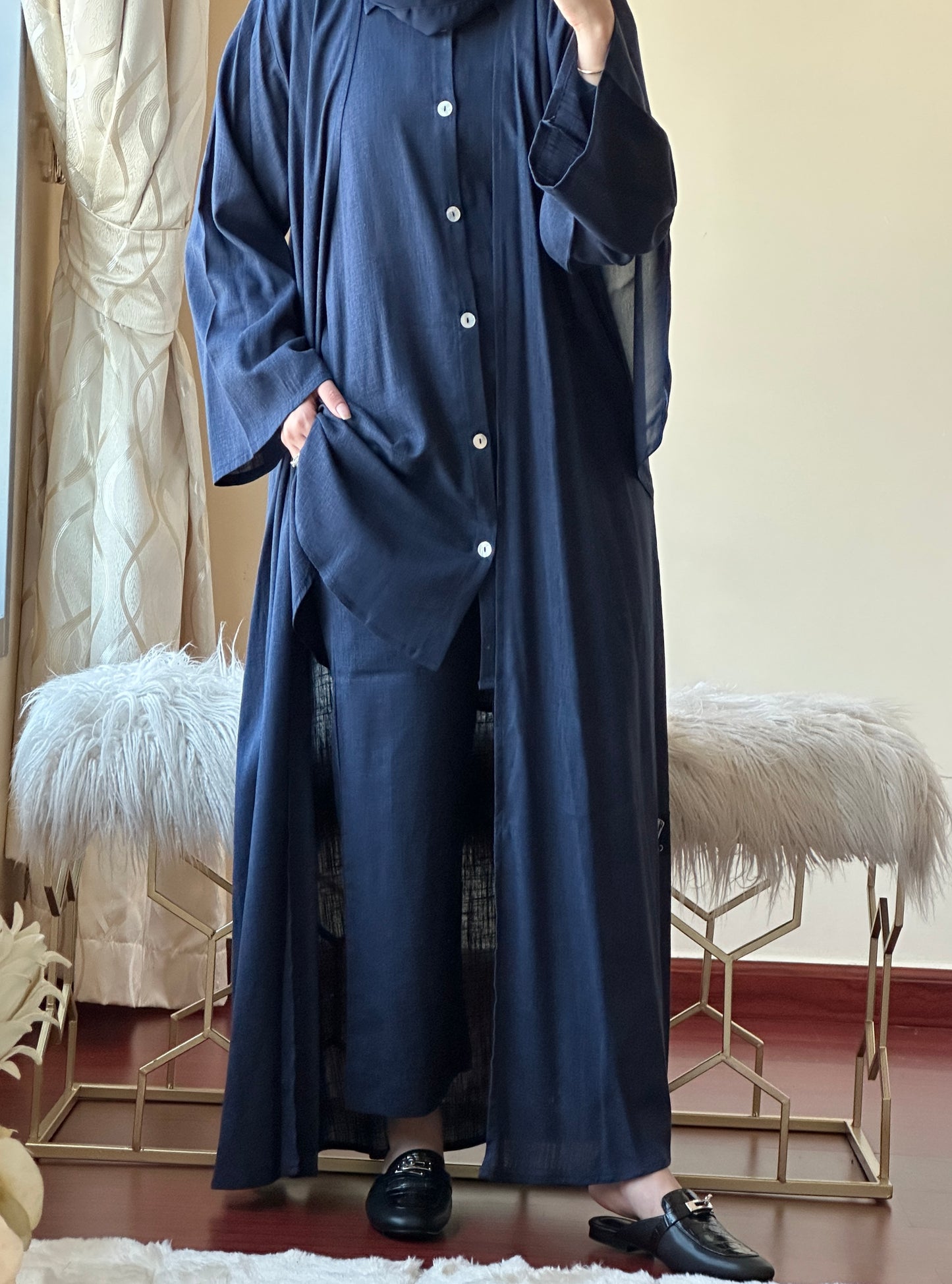 C-Navy Blue Summer Linen Travel Abaya Set