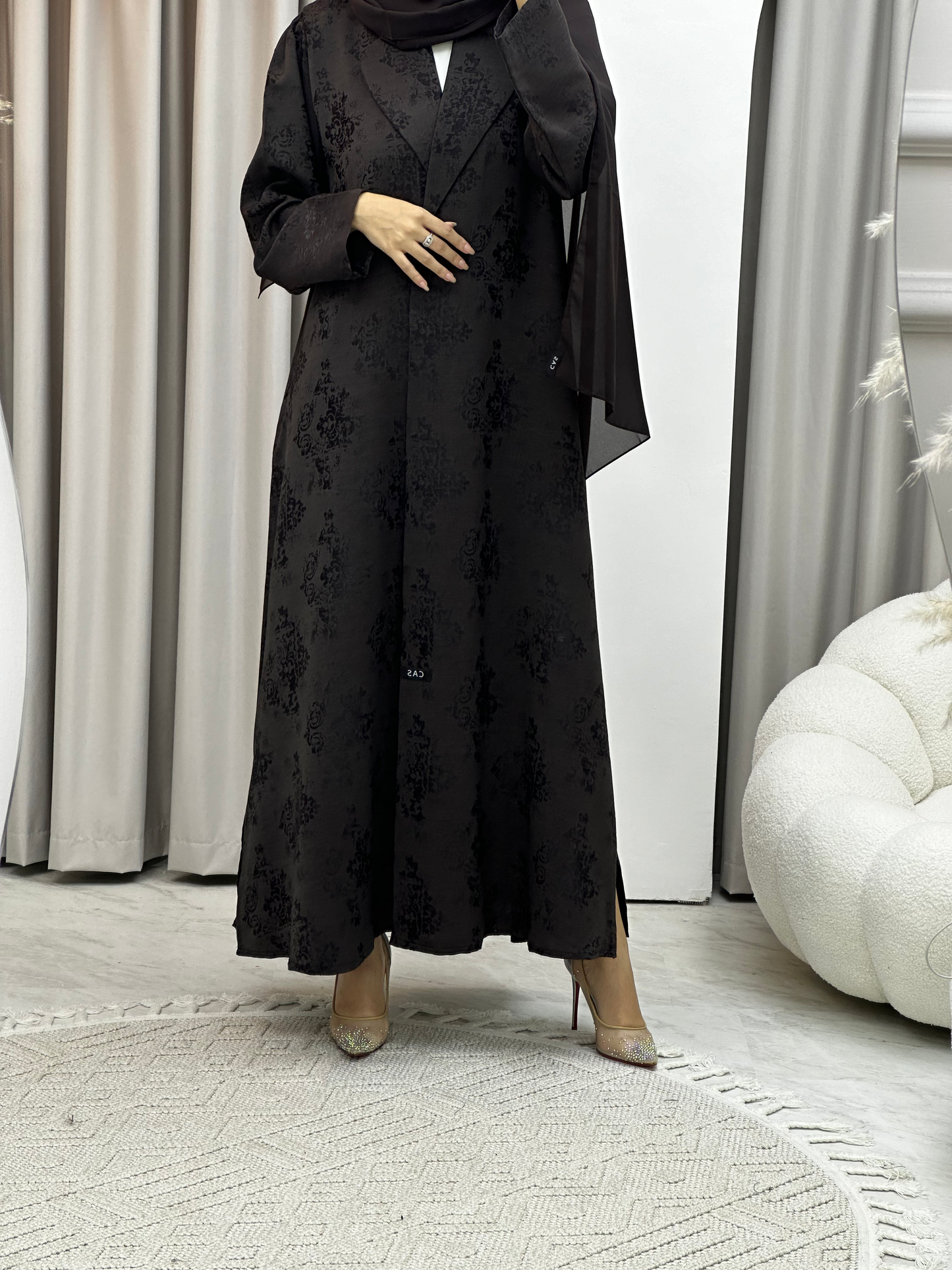 C Brown Floral Print Coat Abaya Set