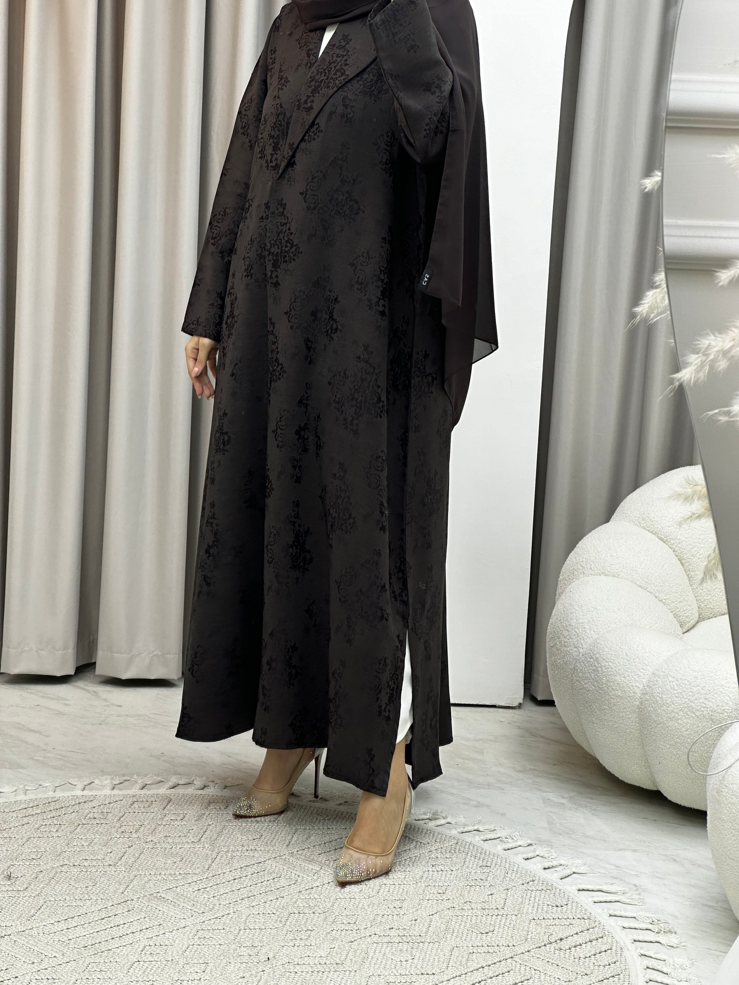 C RTW Brown Floral Print Coat Abaya Set