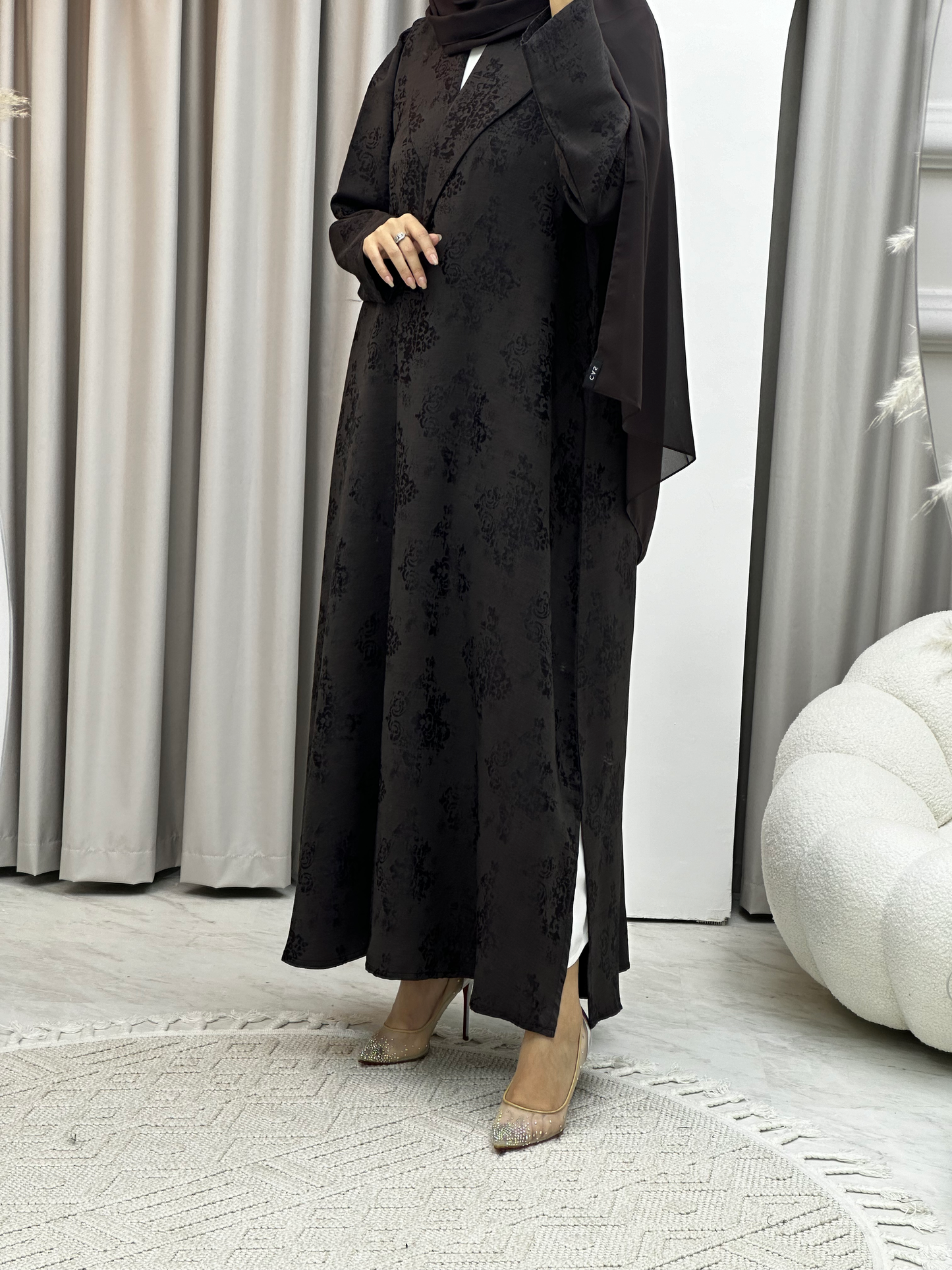 C Brown Floral Print Coat Abaya Set