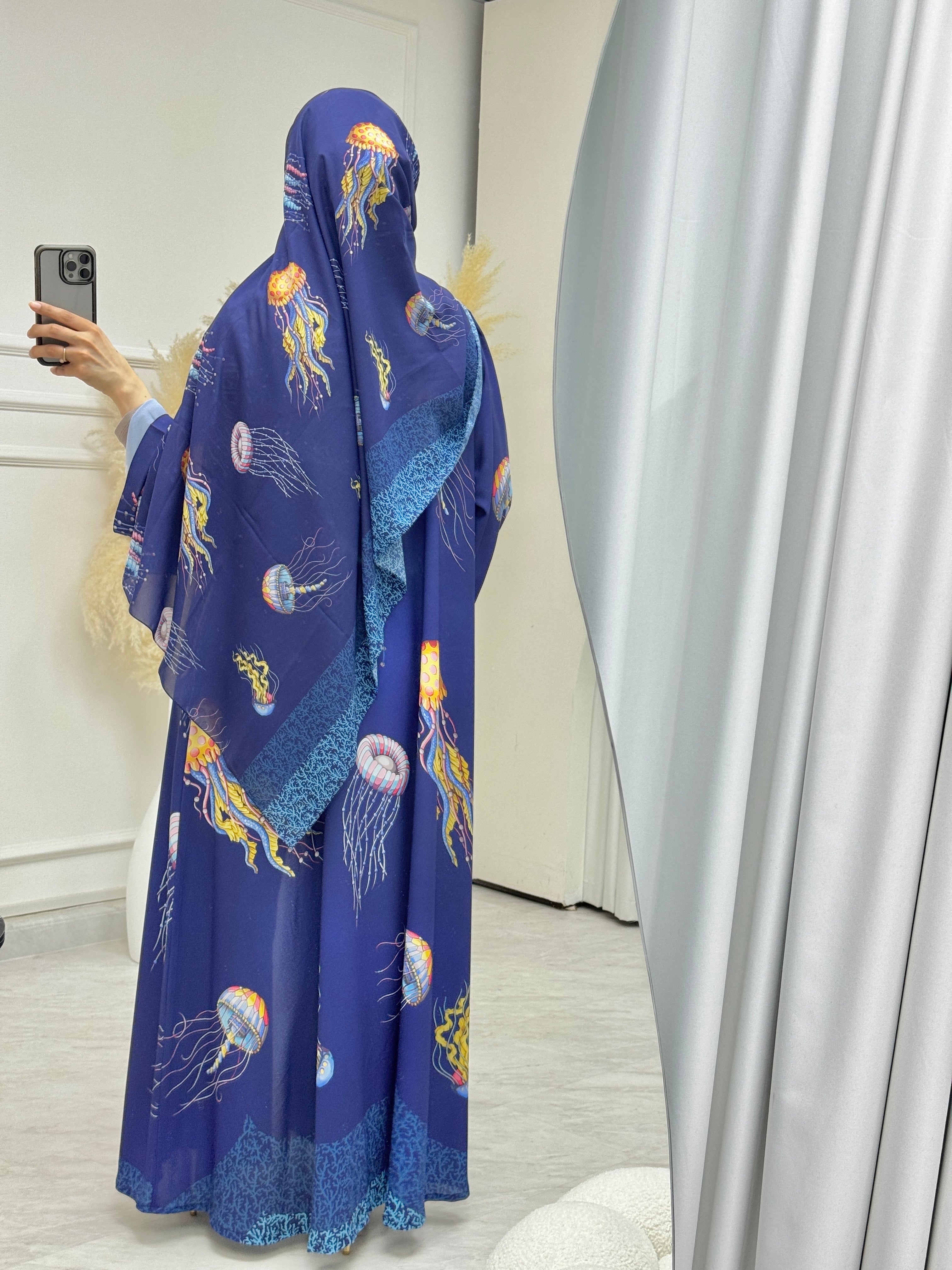 C 1218 Blue Jellyfish Printed Abaya