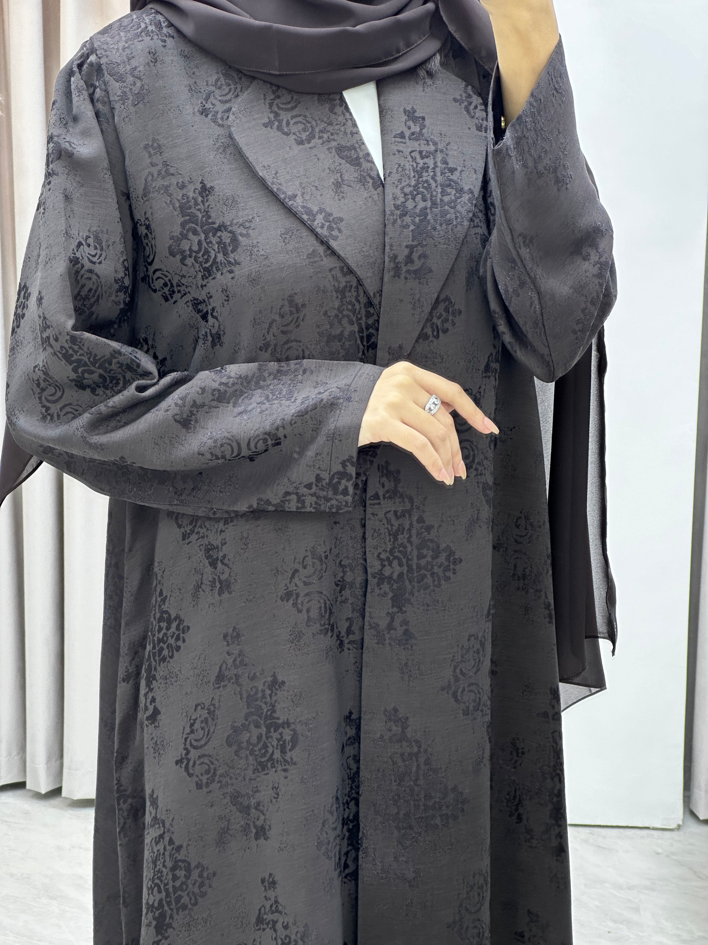 C RTW Brown Floral Print Coat Abaya Set