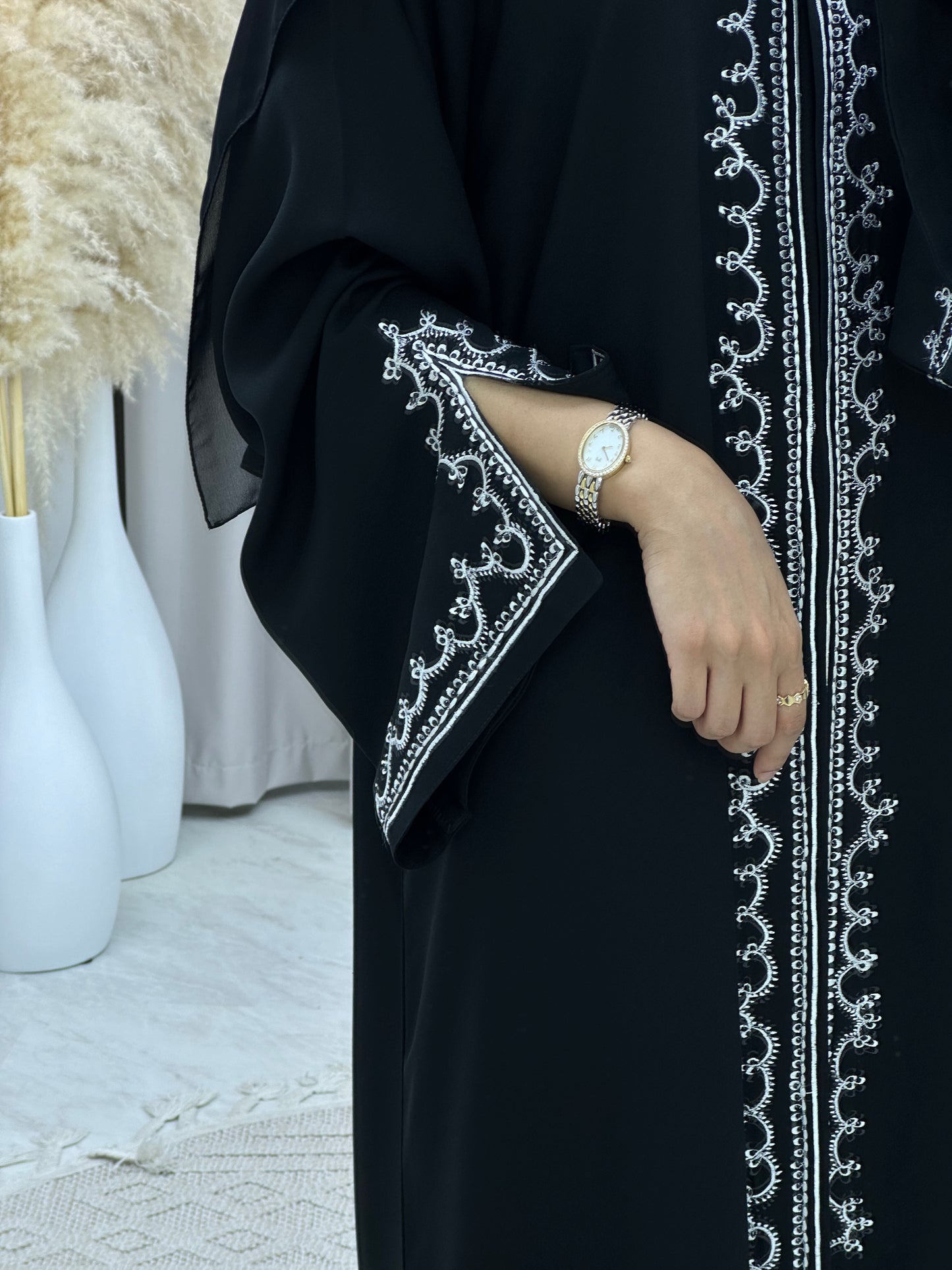 C 0120 Black White Embroidery Abaya