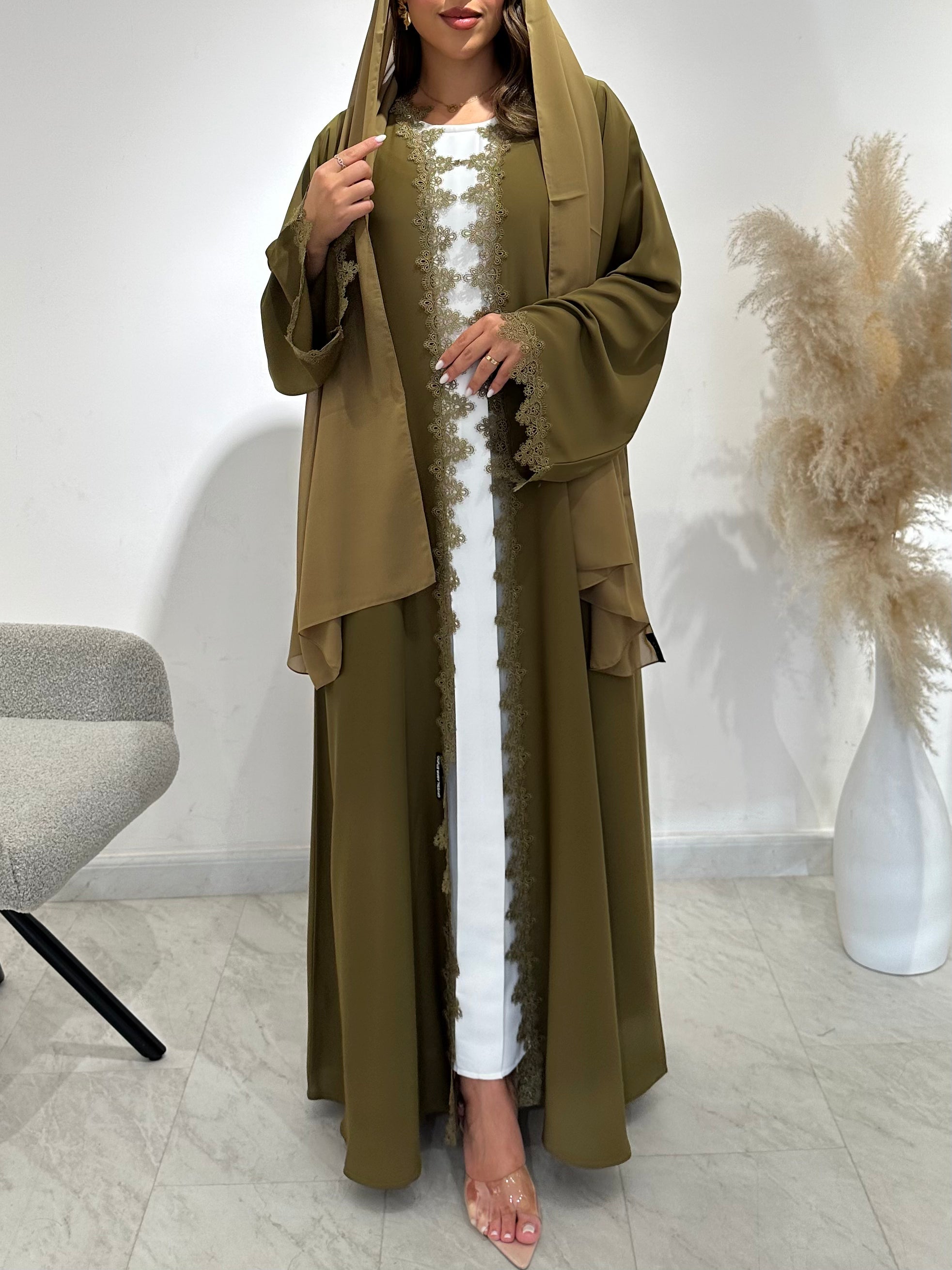 C 1501 Olive Floral Lace Abaya