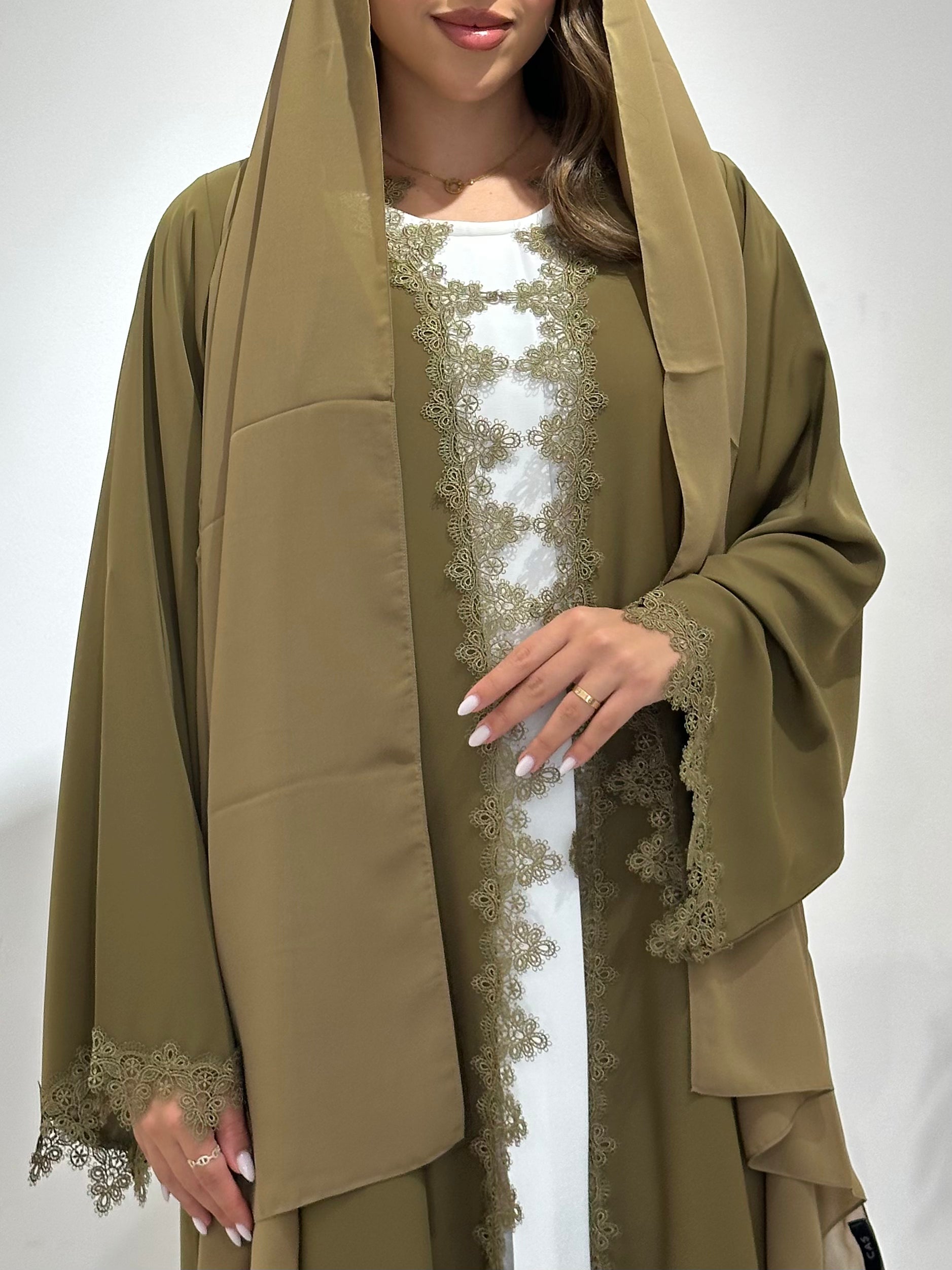 C 1501 Olive Floral Lace Abaya