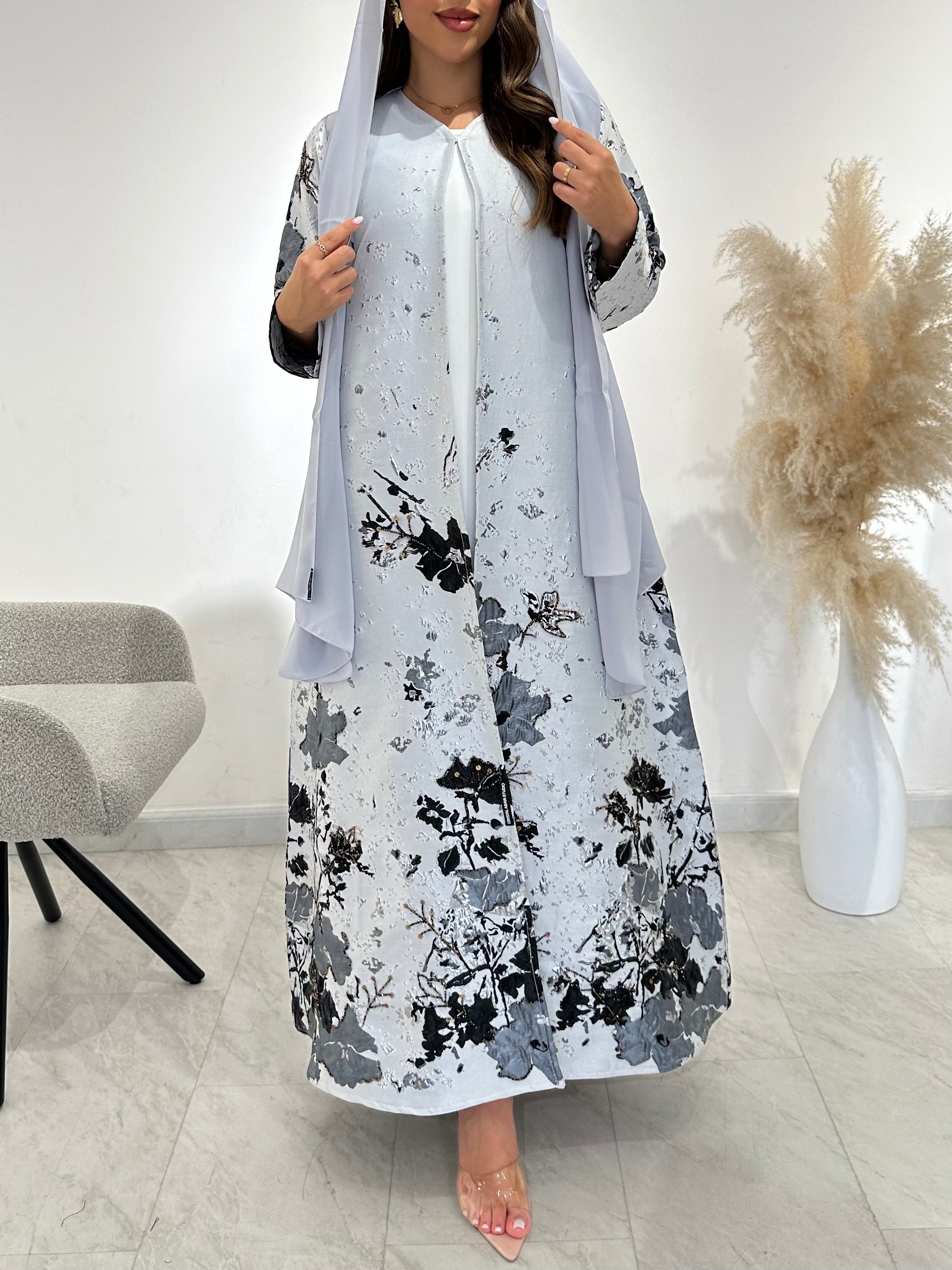 C 1509 Grey beaded abaya