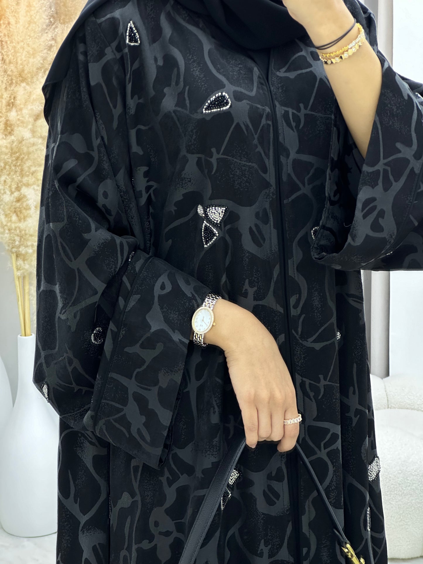 C 0131 Black Grey Beadwork Abaya