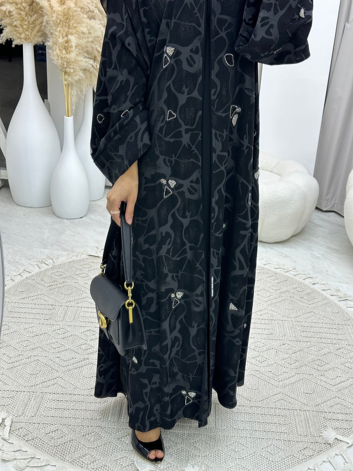 C RTW 0131 Black Grey Beadwork Abaya