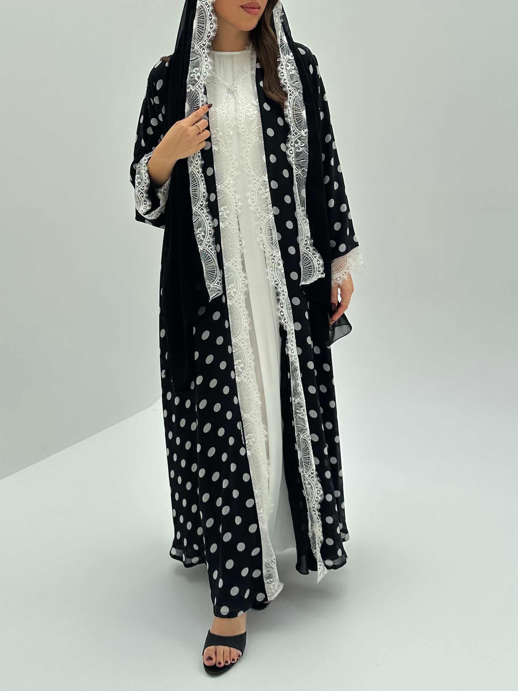 C 1722 Black Polka Dot Lace Abaya