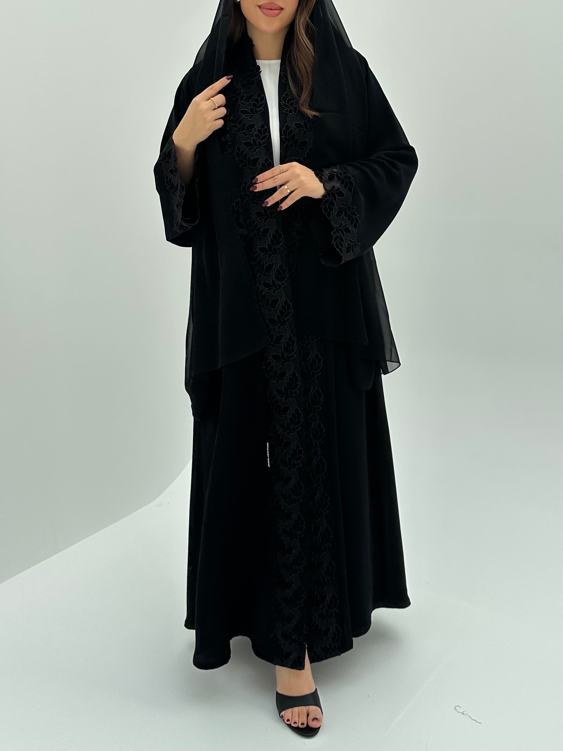 C 1727 Black Velvet Lace Abaya