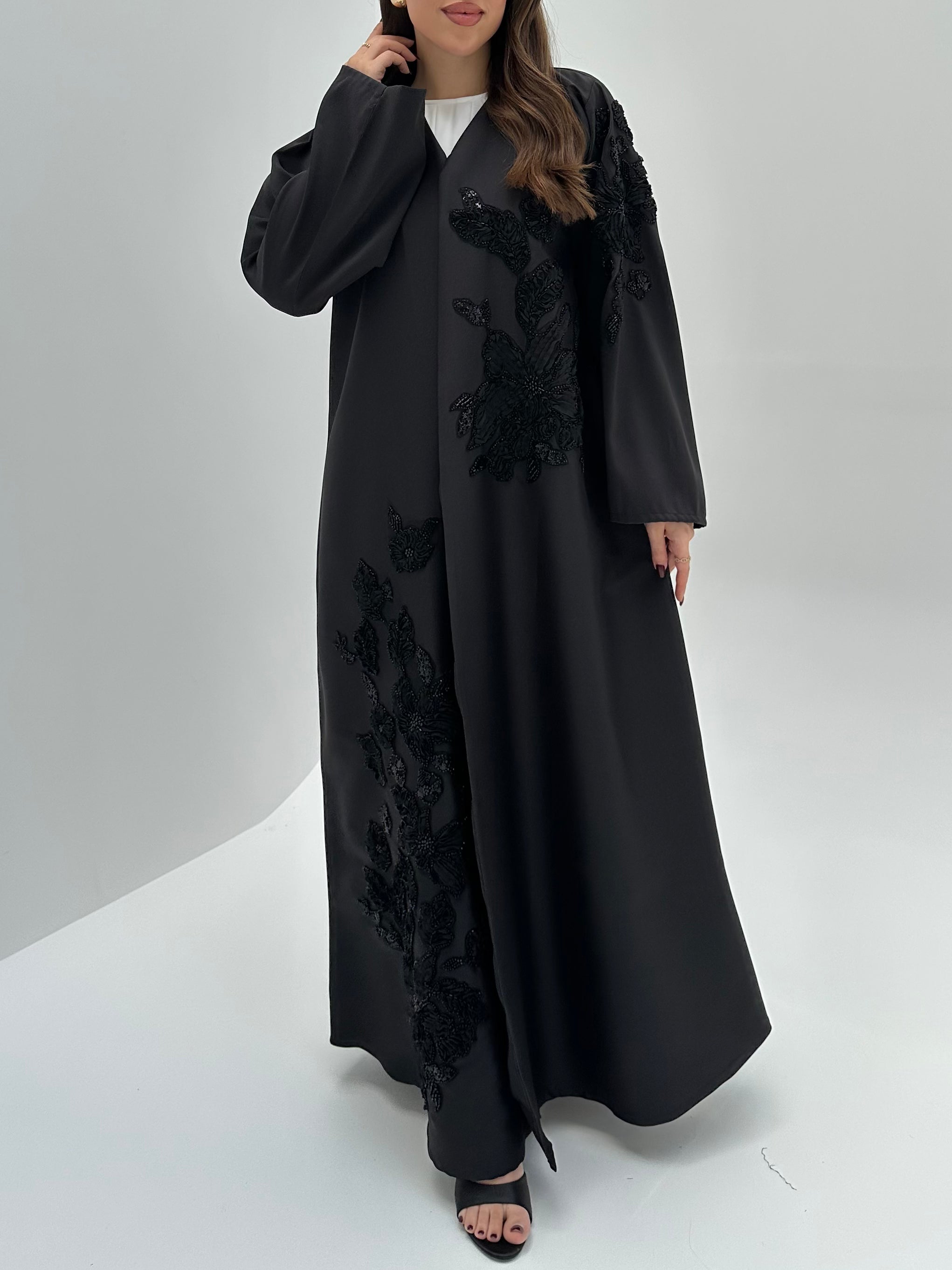 C 1730 Black Floral Beaded Abaya