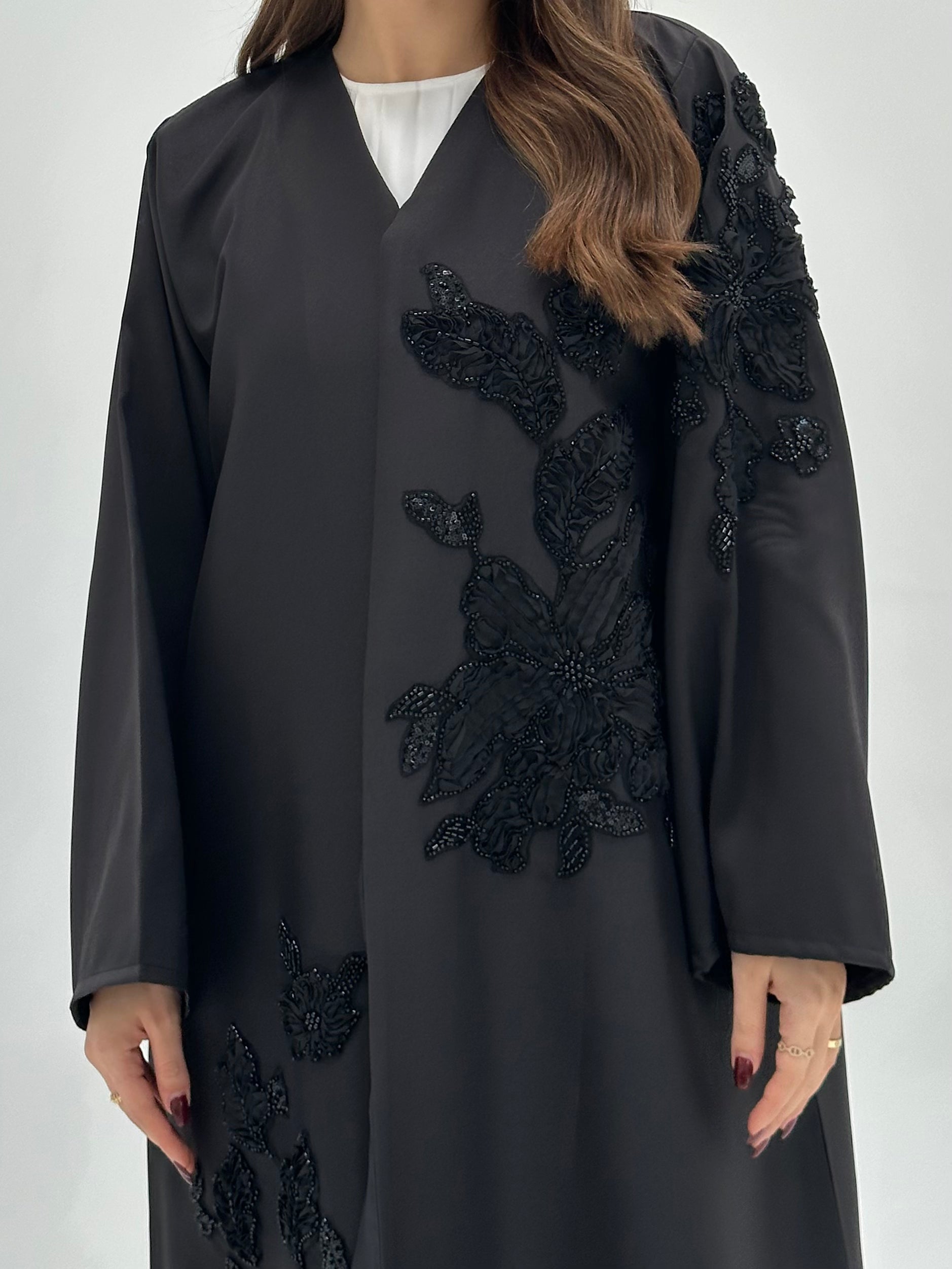 C 1730 Black Floral Beaded Abaya