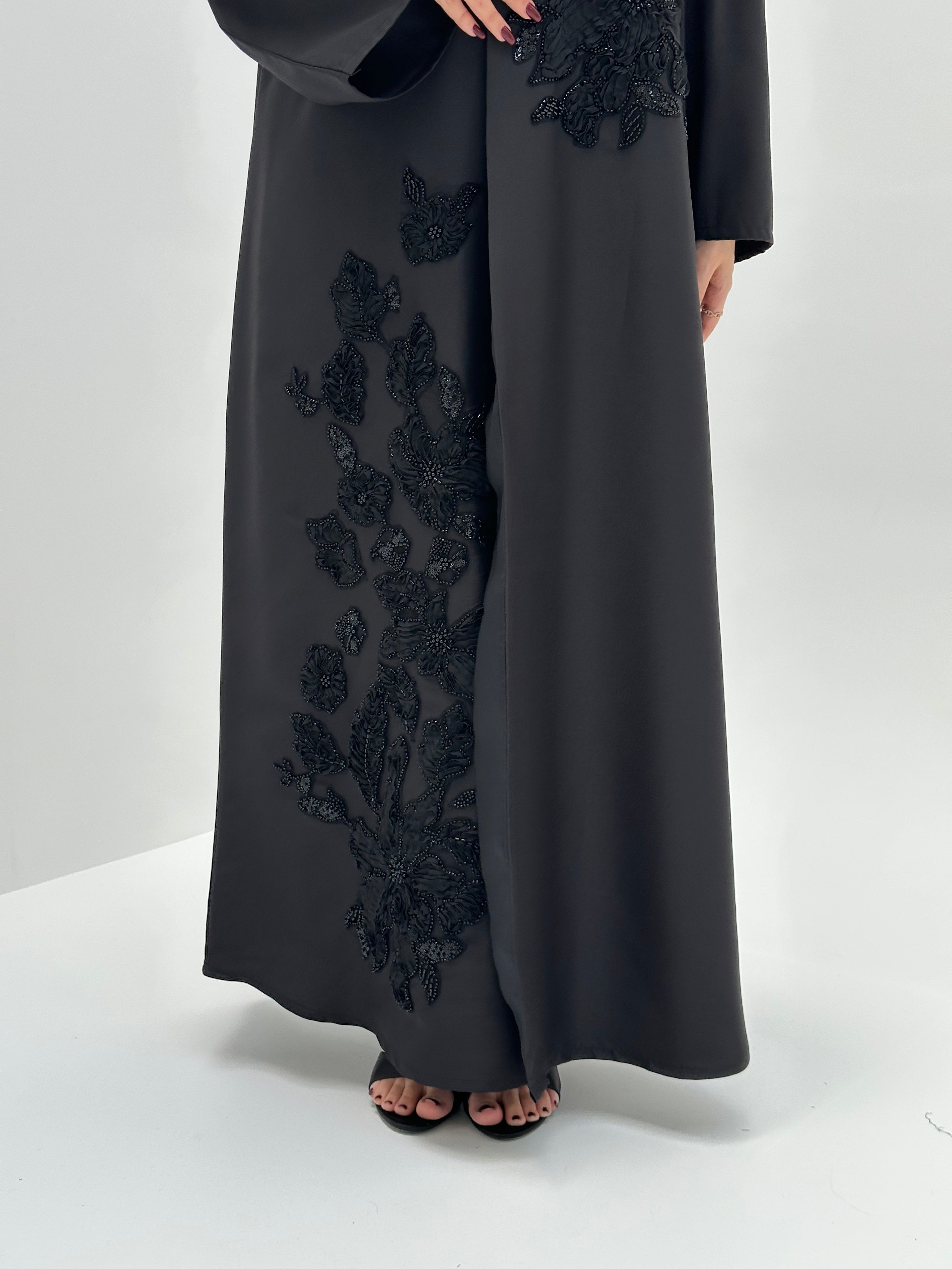 C 1730 Black Floral Beaded Abaya