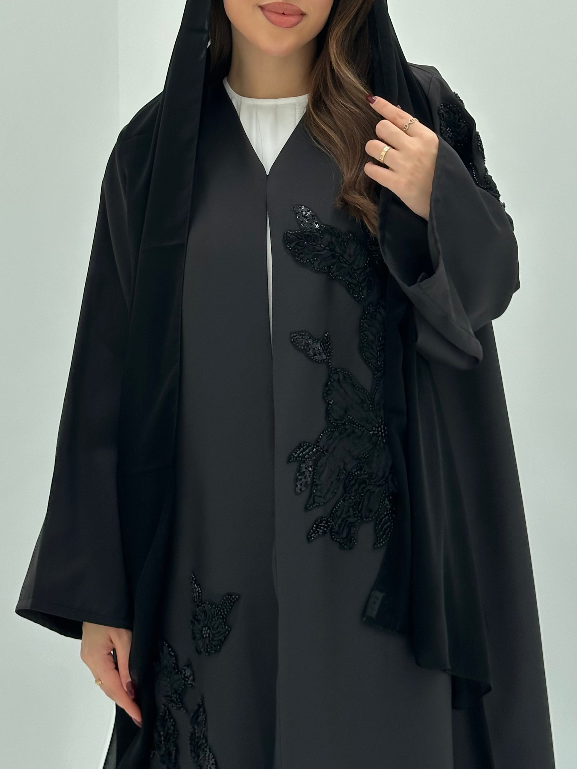 C 1730 Black Floral Beaded Abaya