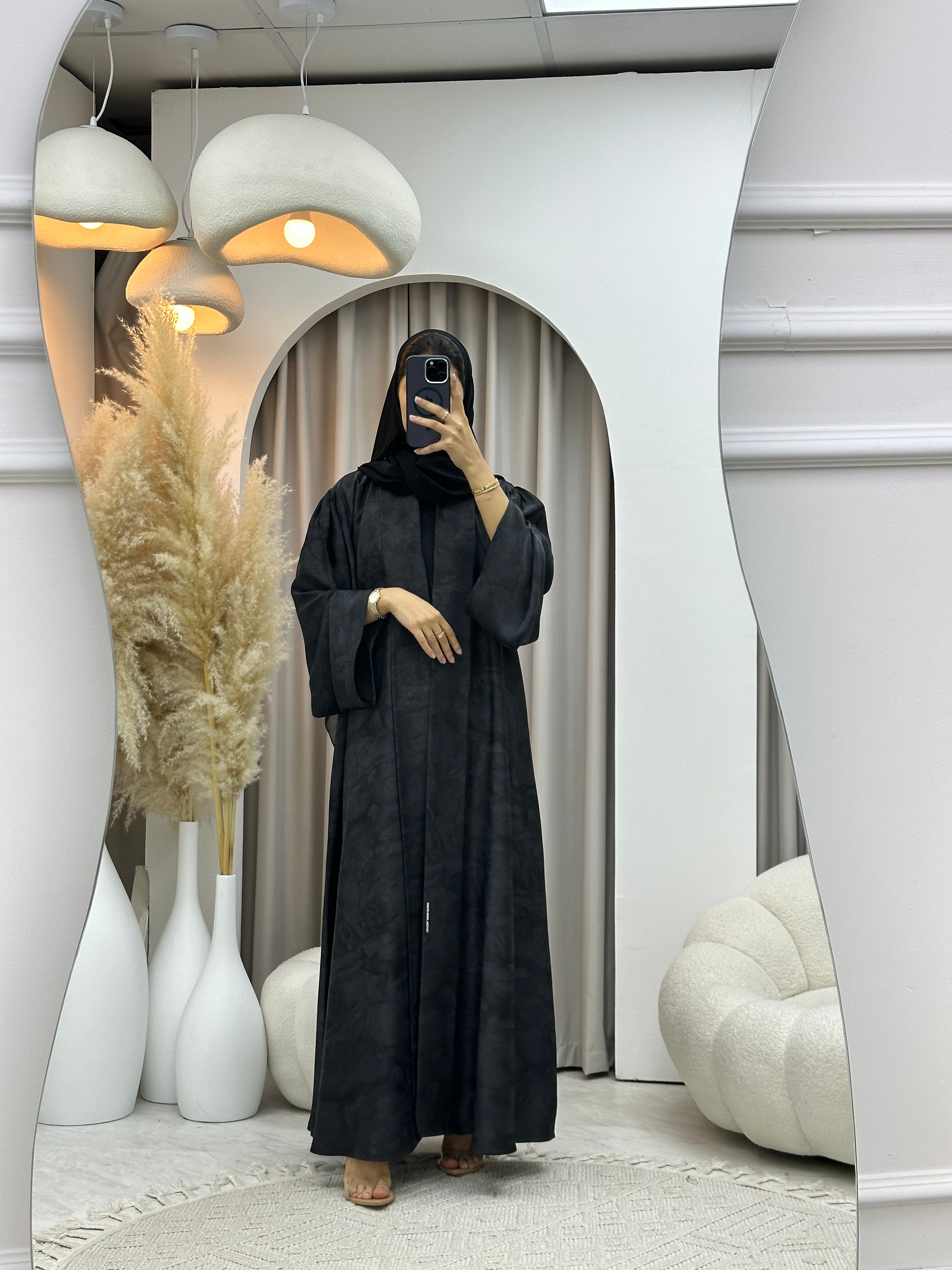 C RTW-U 0572 Charcoal Black Marble Printed Abaya