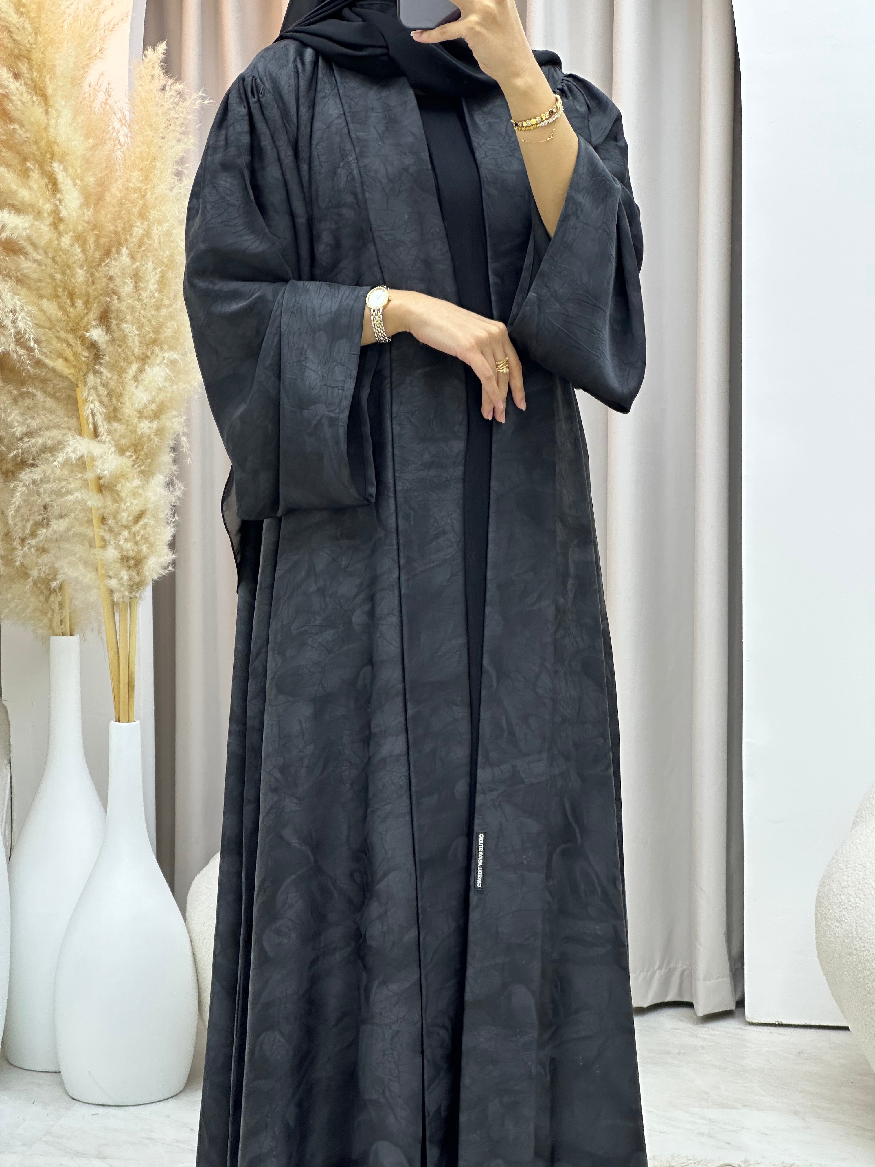 C RTW-U 0572 Charcoal Black Marble Printed Abaya