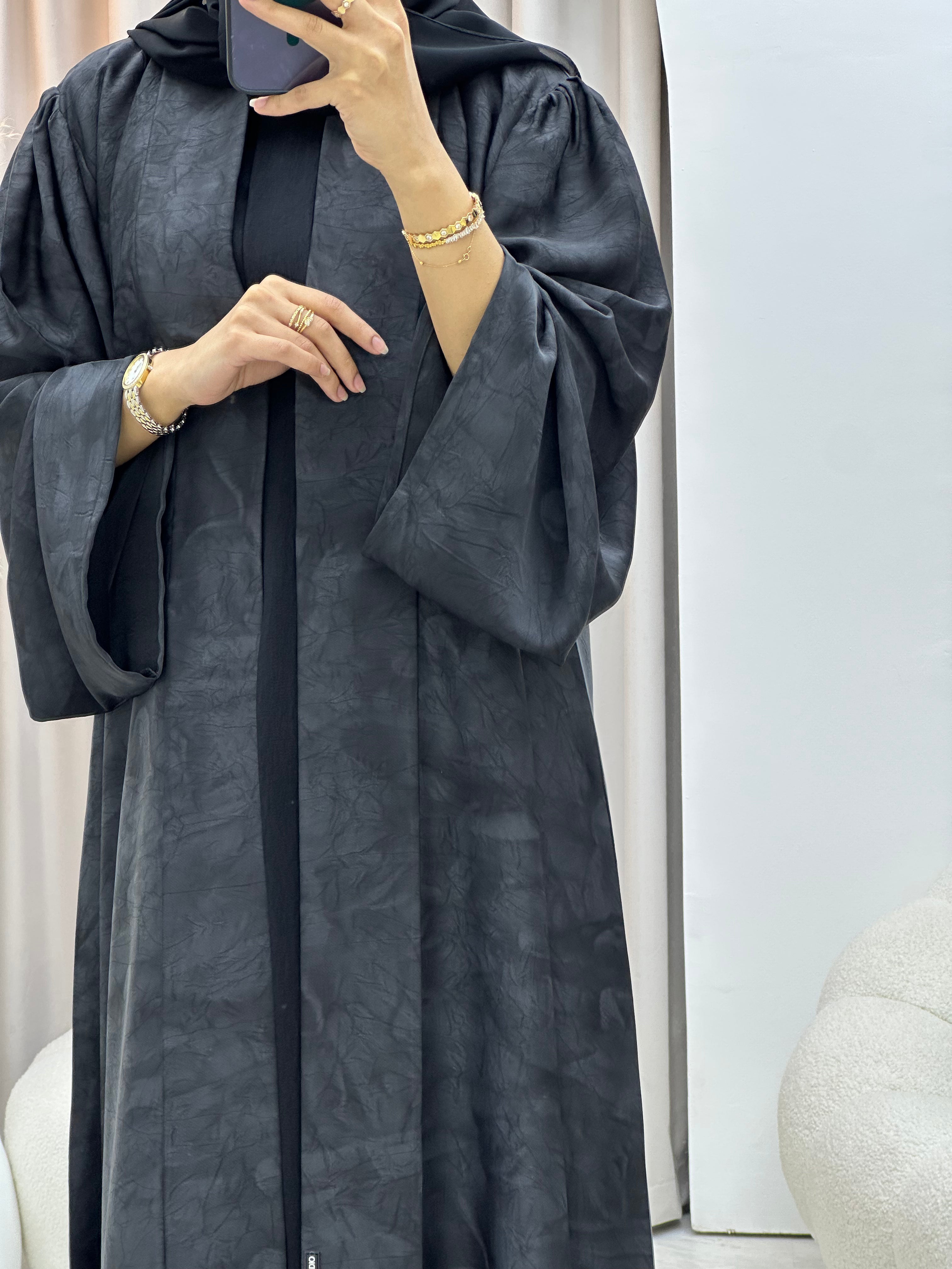 C RTW-U 0572 Charcoal Black Marble Printed Abaya