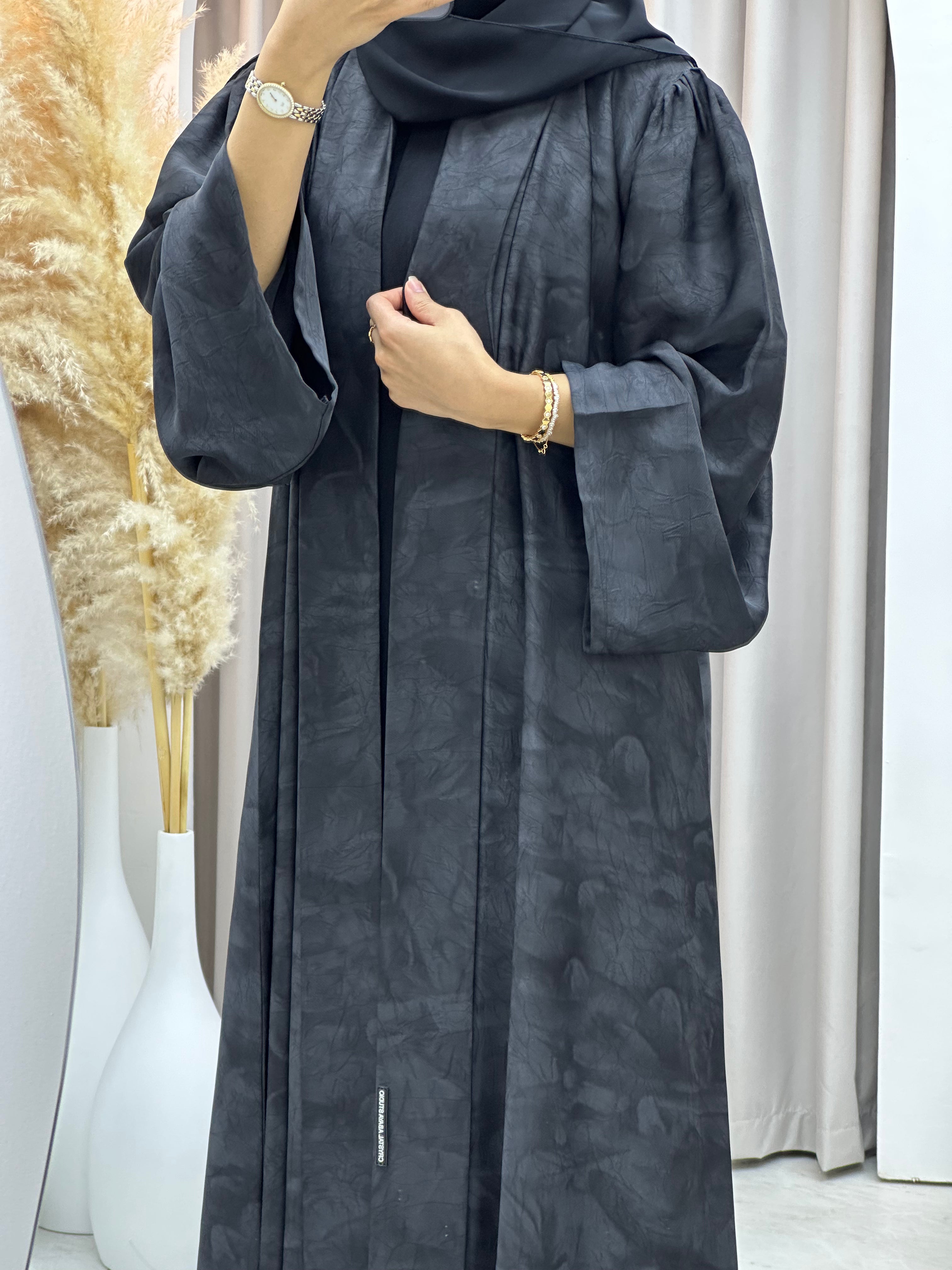 C RTW-U 0572 Charcoal Black Marble Printed Abaya