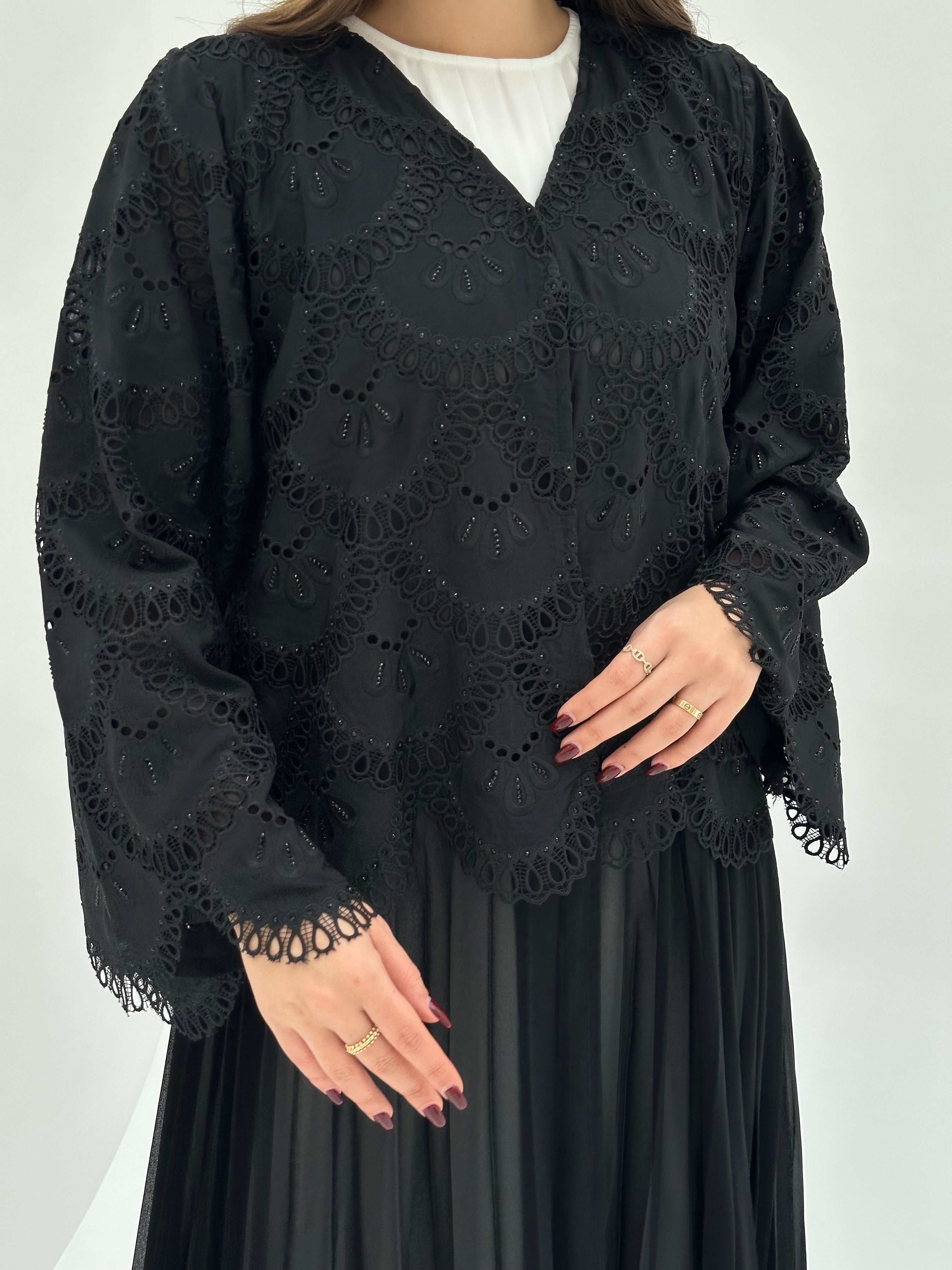 C 1736 Black Crystal Pleated Abaya