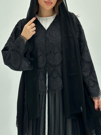 C 1736 Black Crystal Pleated Abaya - XS / 50