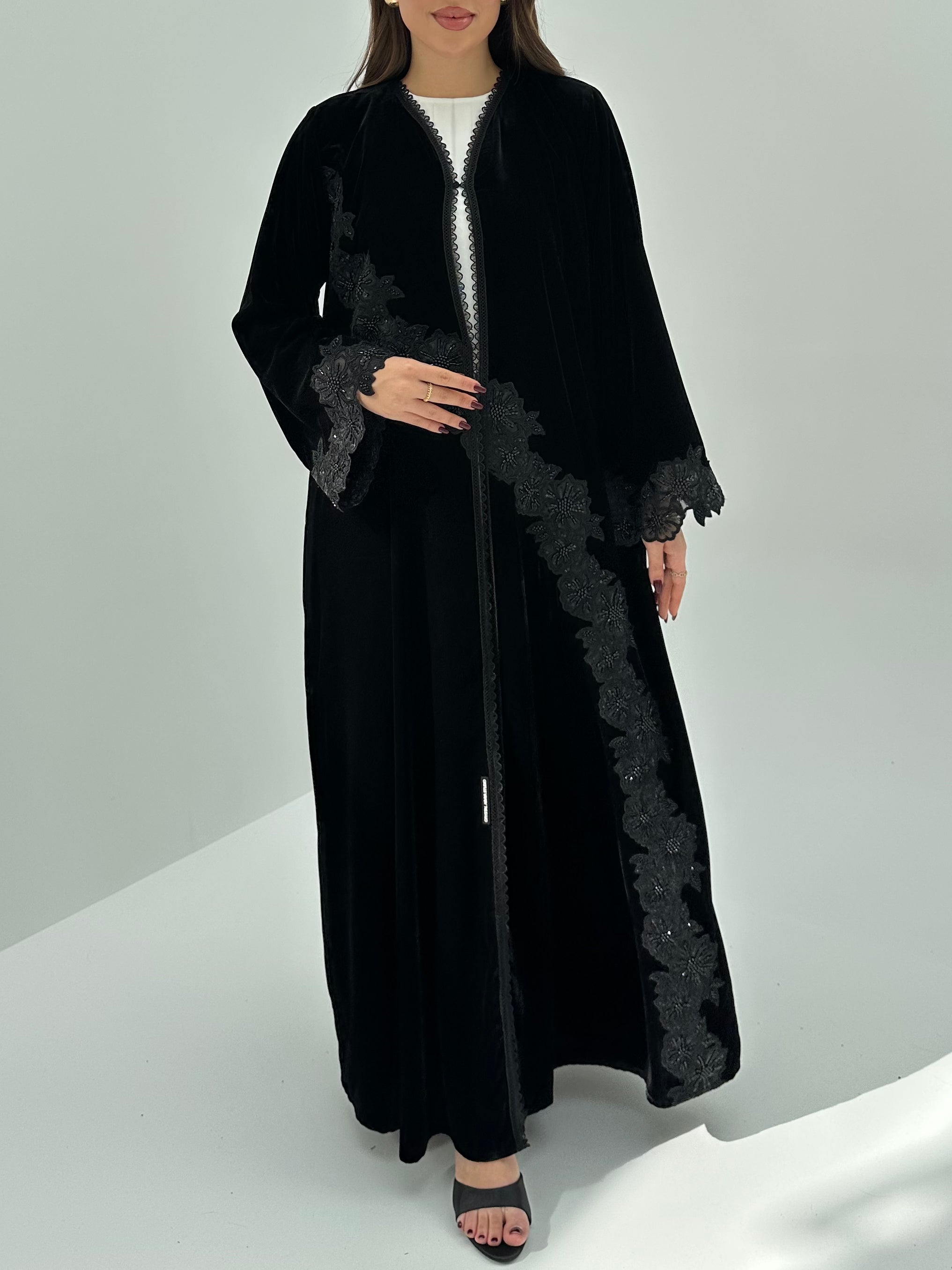 C 1742 Black Beaded Lace Abaya