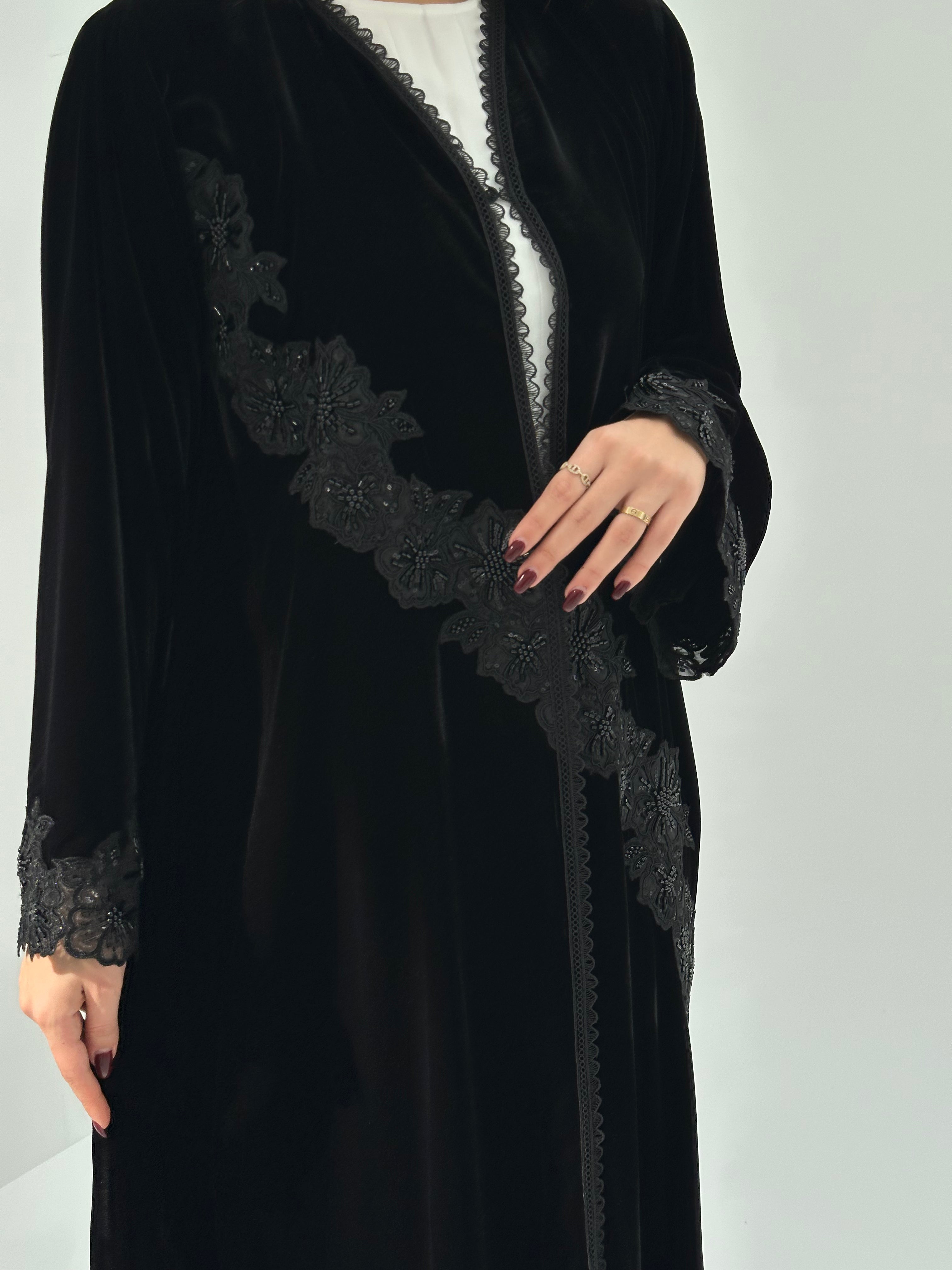 C 1742 Black Beaded Lace Abaya