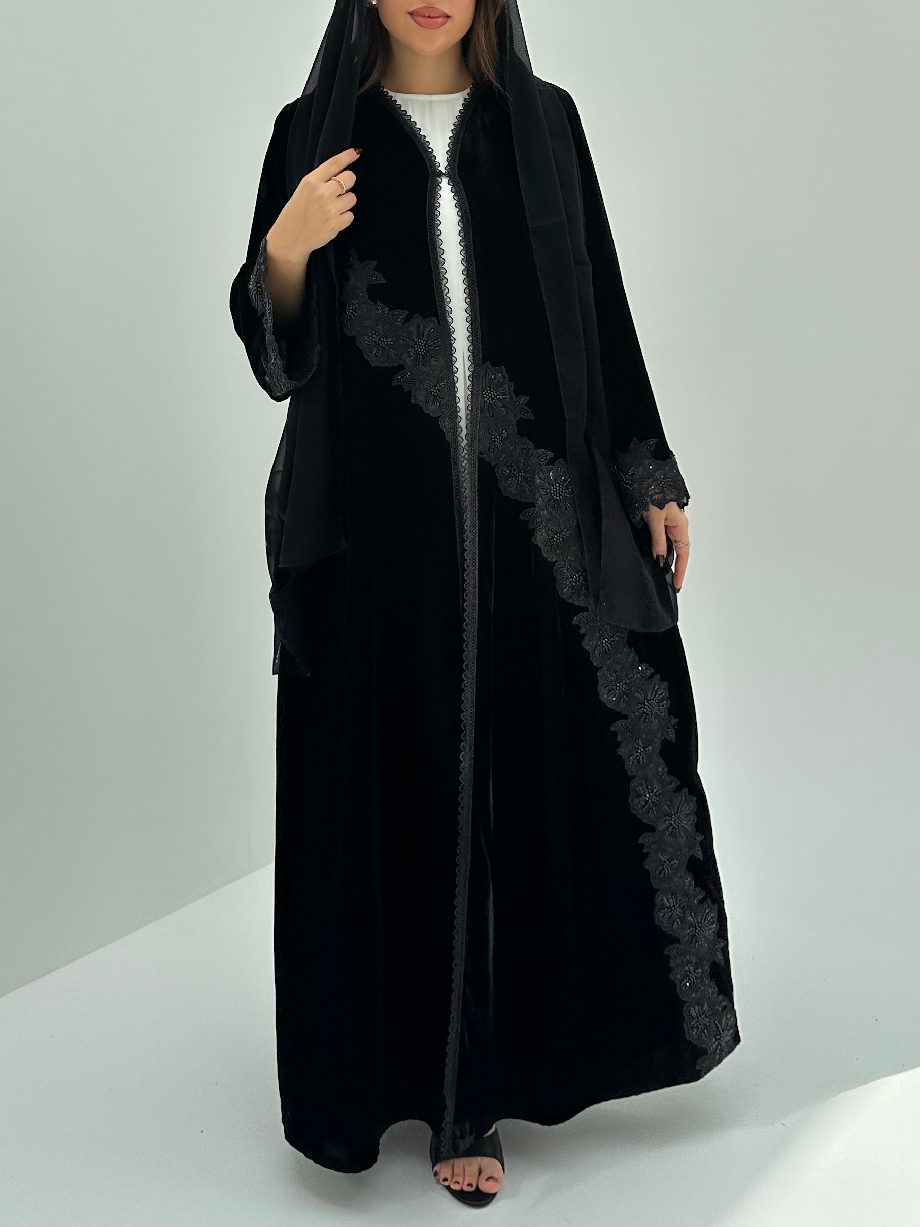 C 1742 Black Beaded Lace Abaya