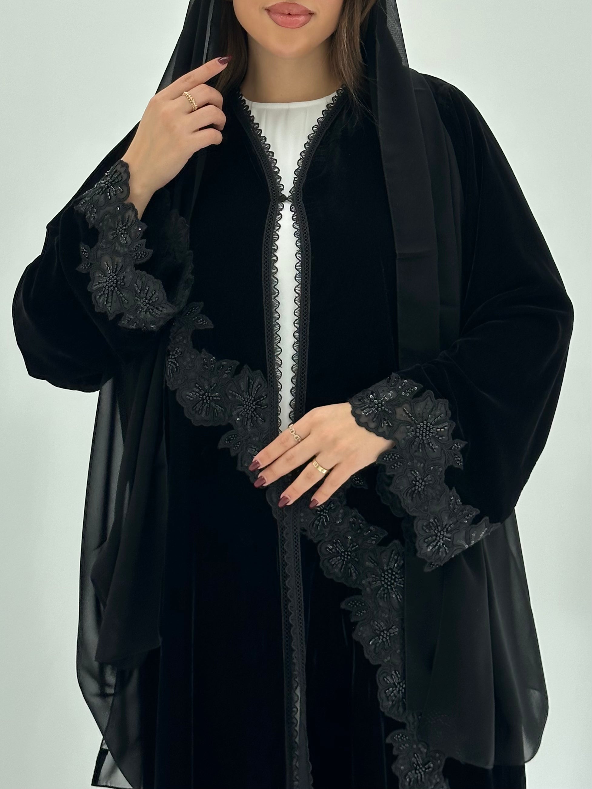 C 1742 Black Beaded Lace Abaya