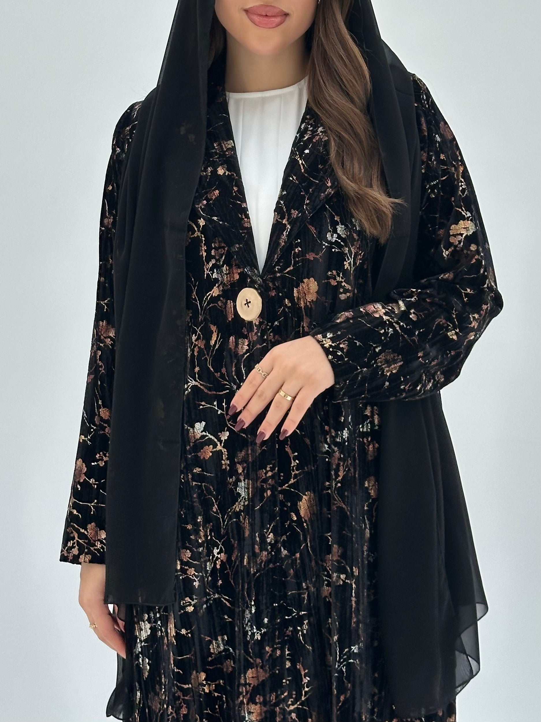 C 1743 Black Printed Velvet Abaya