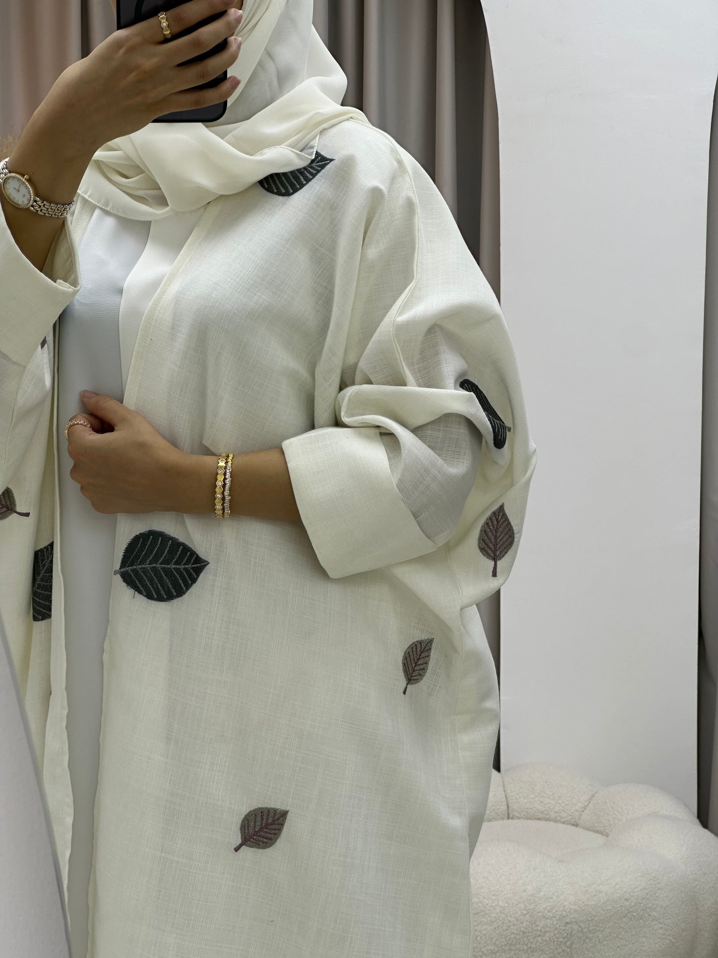 C 0139 White Leaf Embroidery Abaya