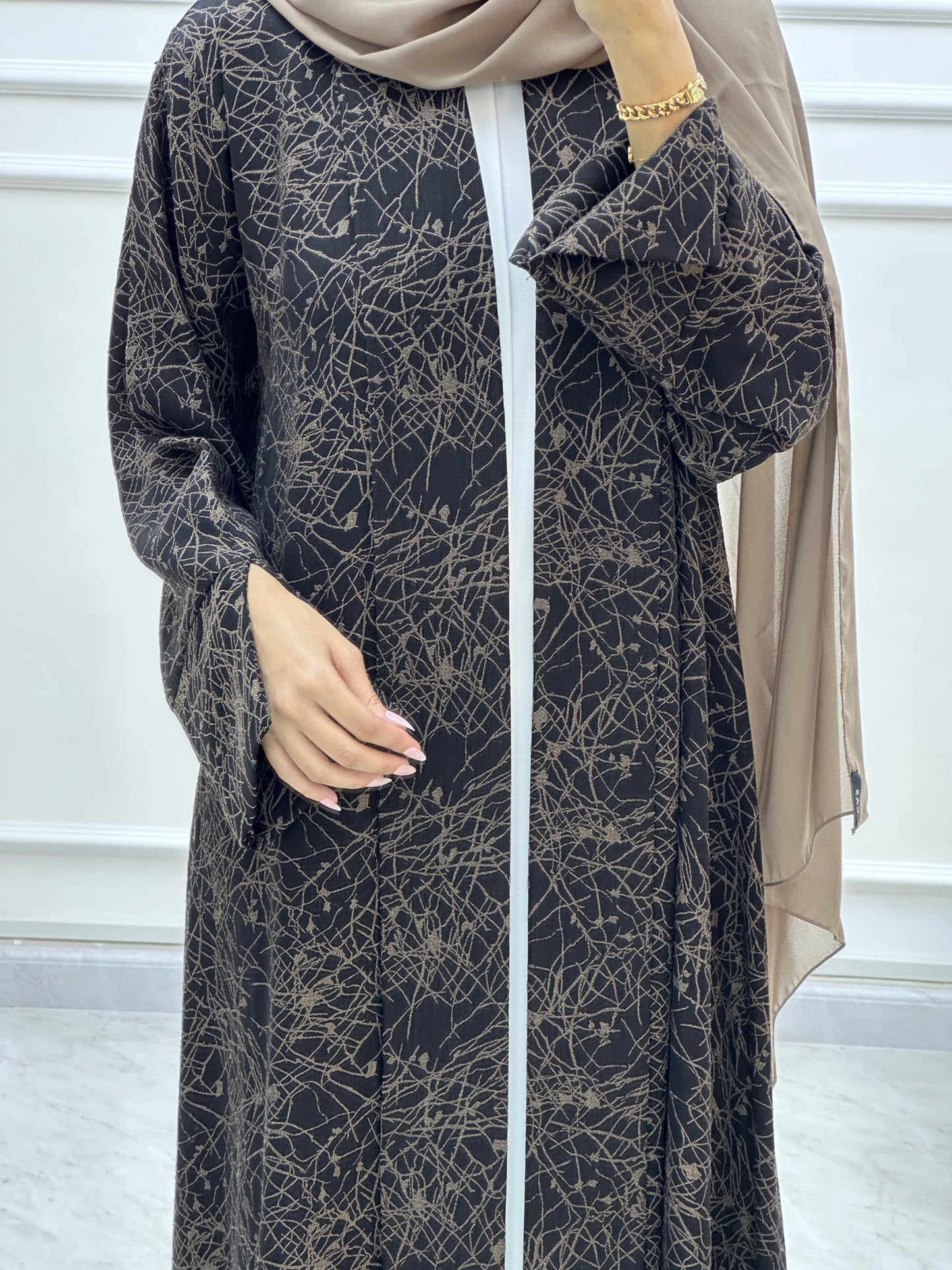 C RTW Web Print Budget Beige Abaya