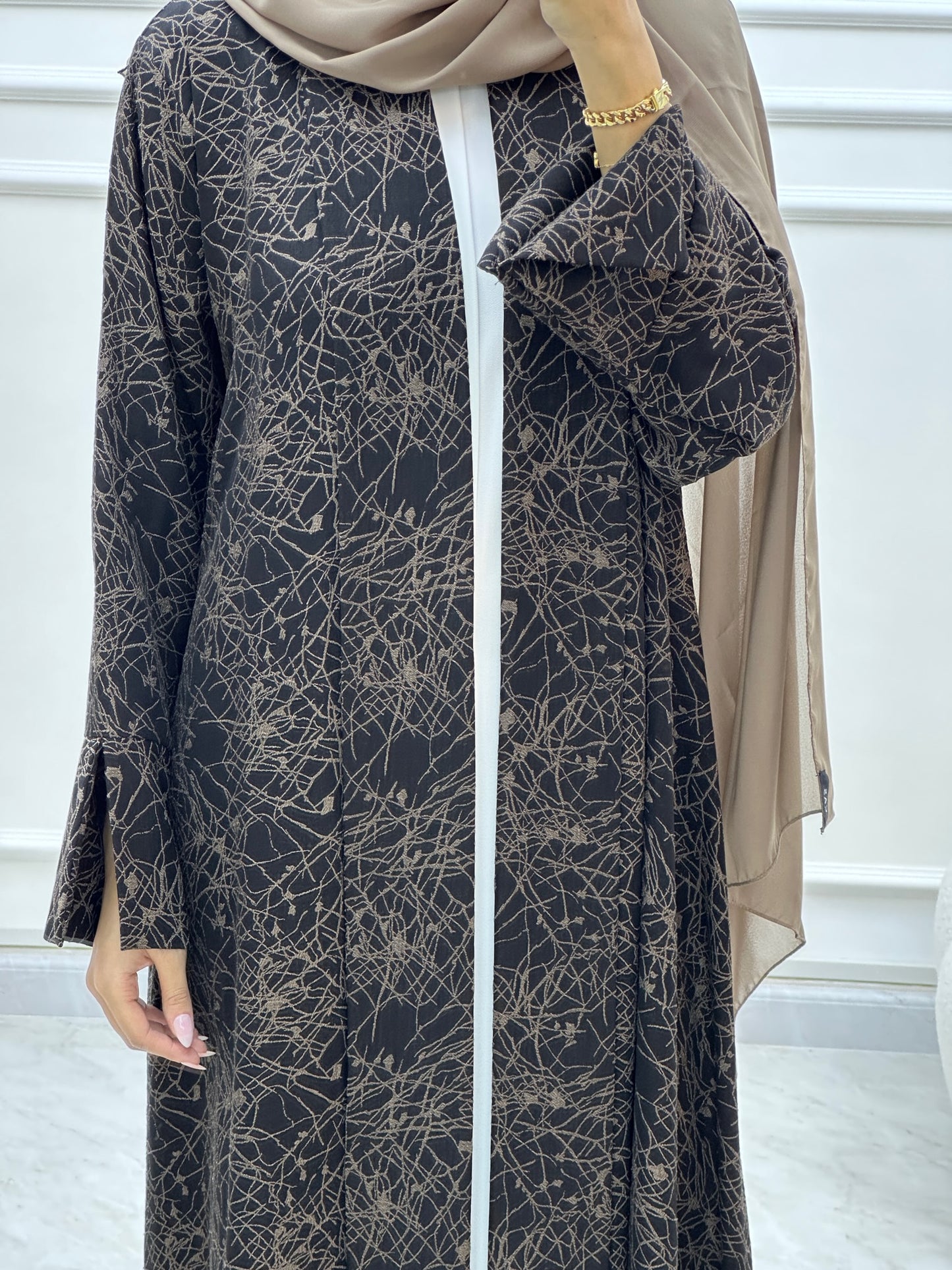 C RTW Web Print Budget Beige Abaya