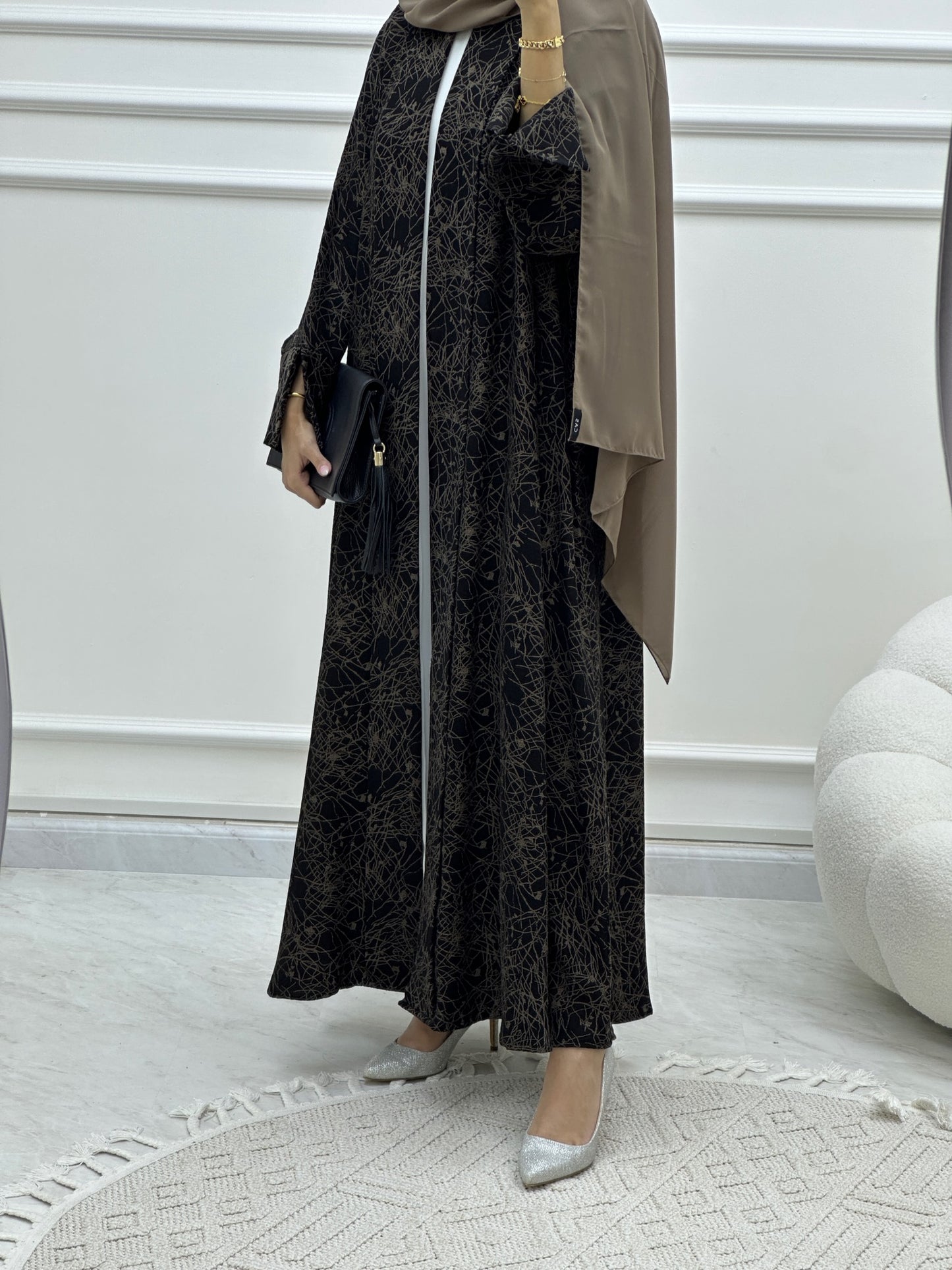 C RTW Web Print Budget Beige Abaya