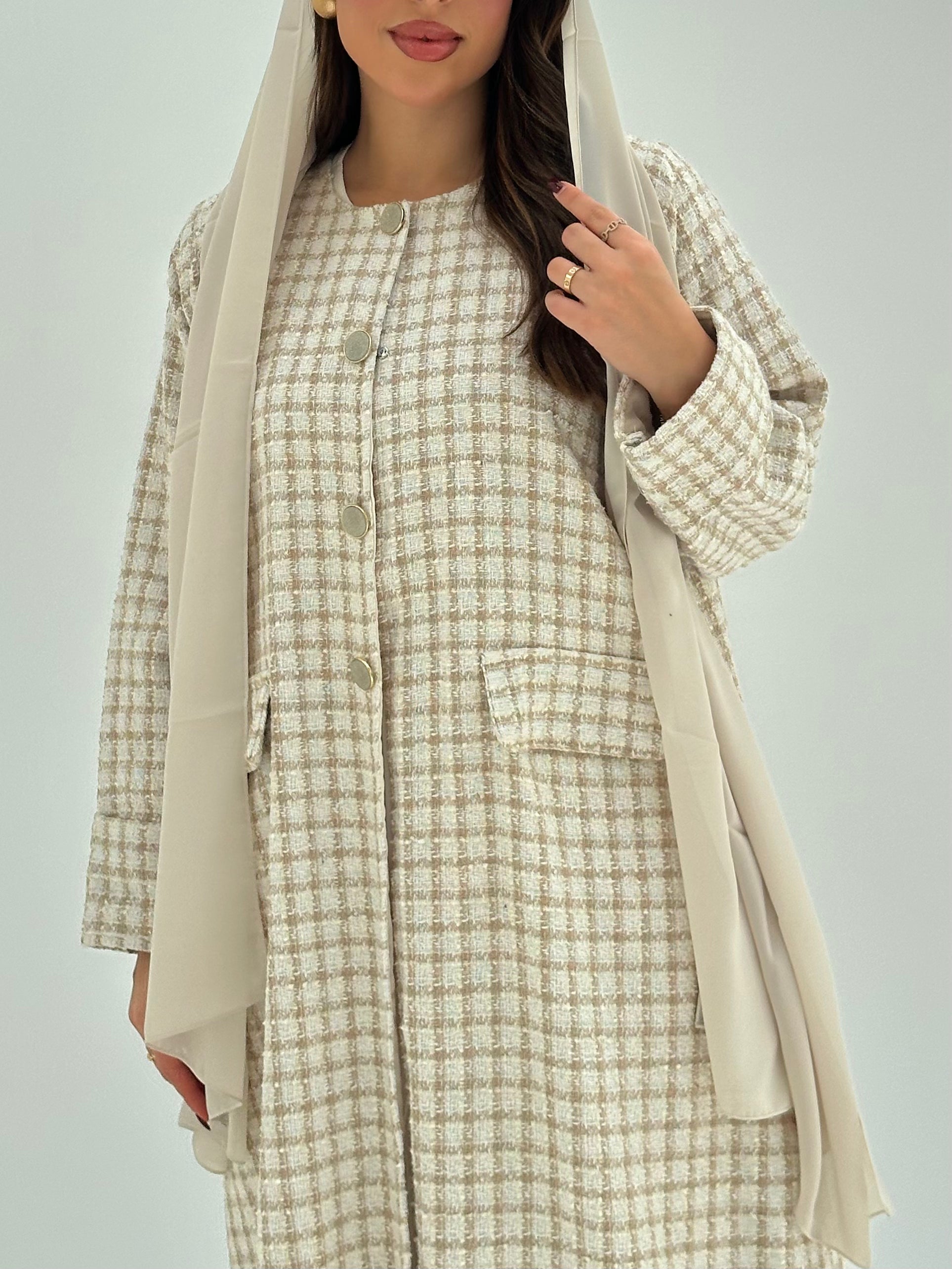 C 1750 Cream Brown Tweed Abaya