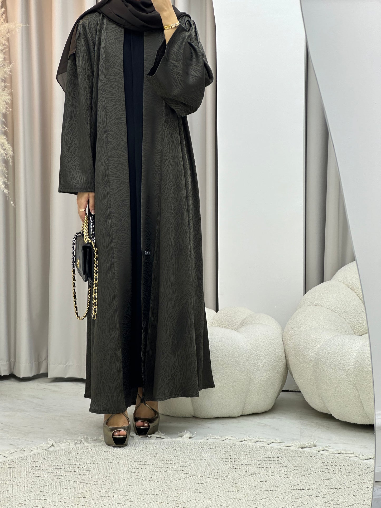 C 0325-05 Olive Moire Printed Abaya