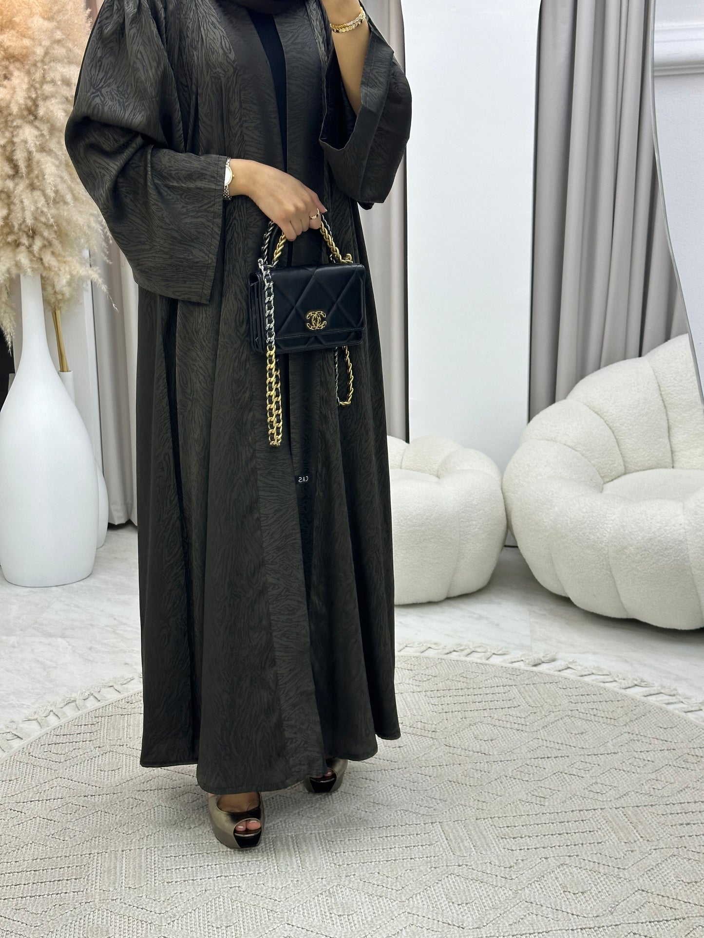 C 0325-05 Olive Moire Printed Abaya