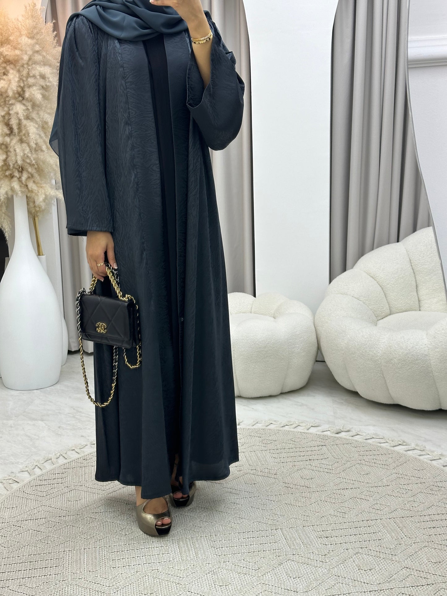 C 0325-03 Dark Grey Moire Printed Abaya