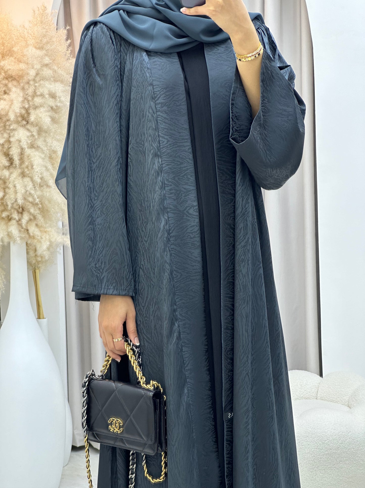 C 0325-03 Dark Grey Moire Printed Abaya