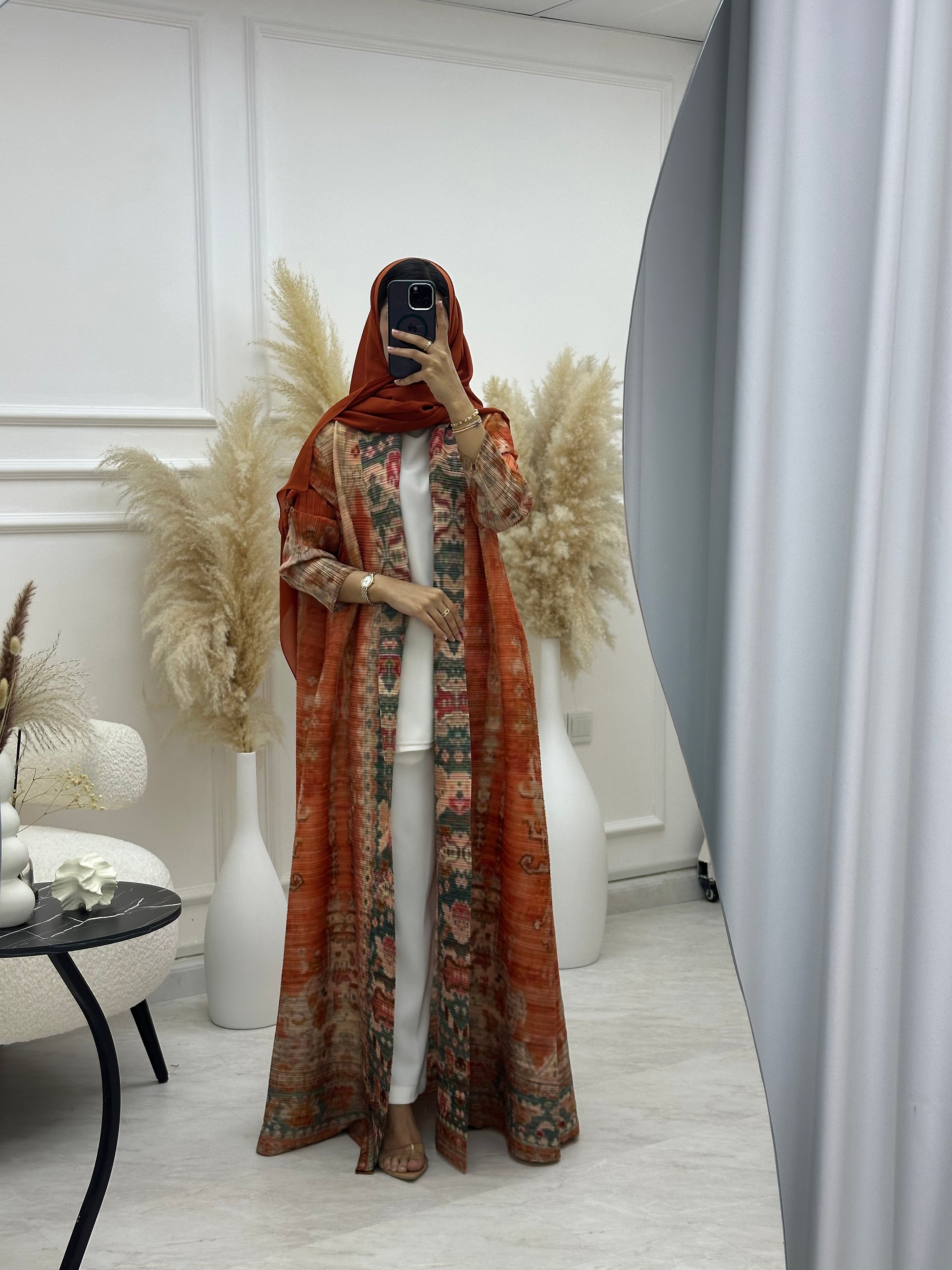 C RTW 04 Orange Pleated Print Abaya