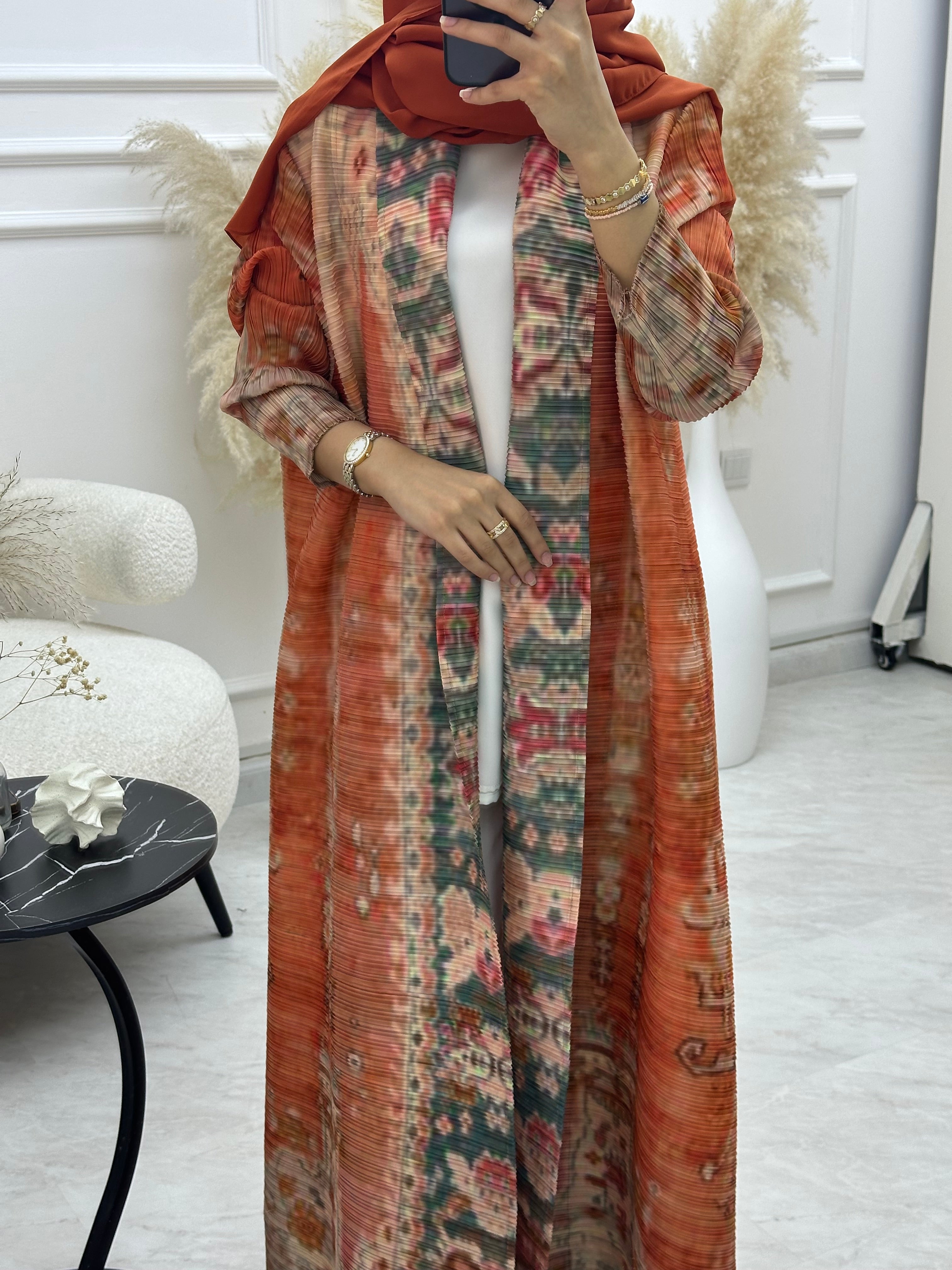 C RTW 04 Orange Pleated Print Abaya