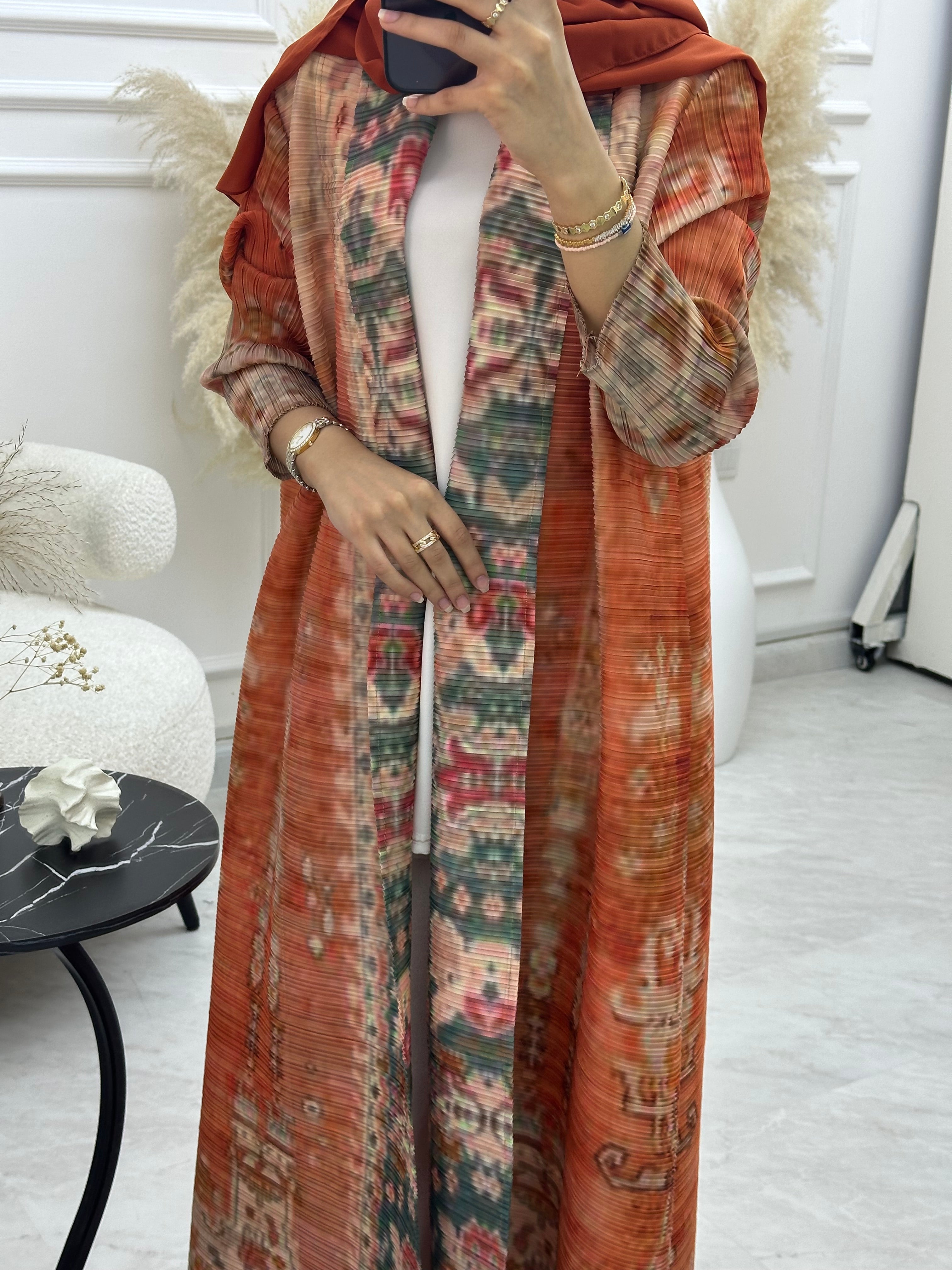 C RTW 04 Orange Pleated Print Abaya