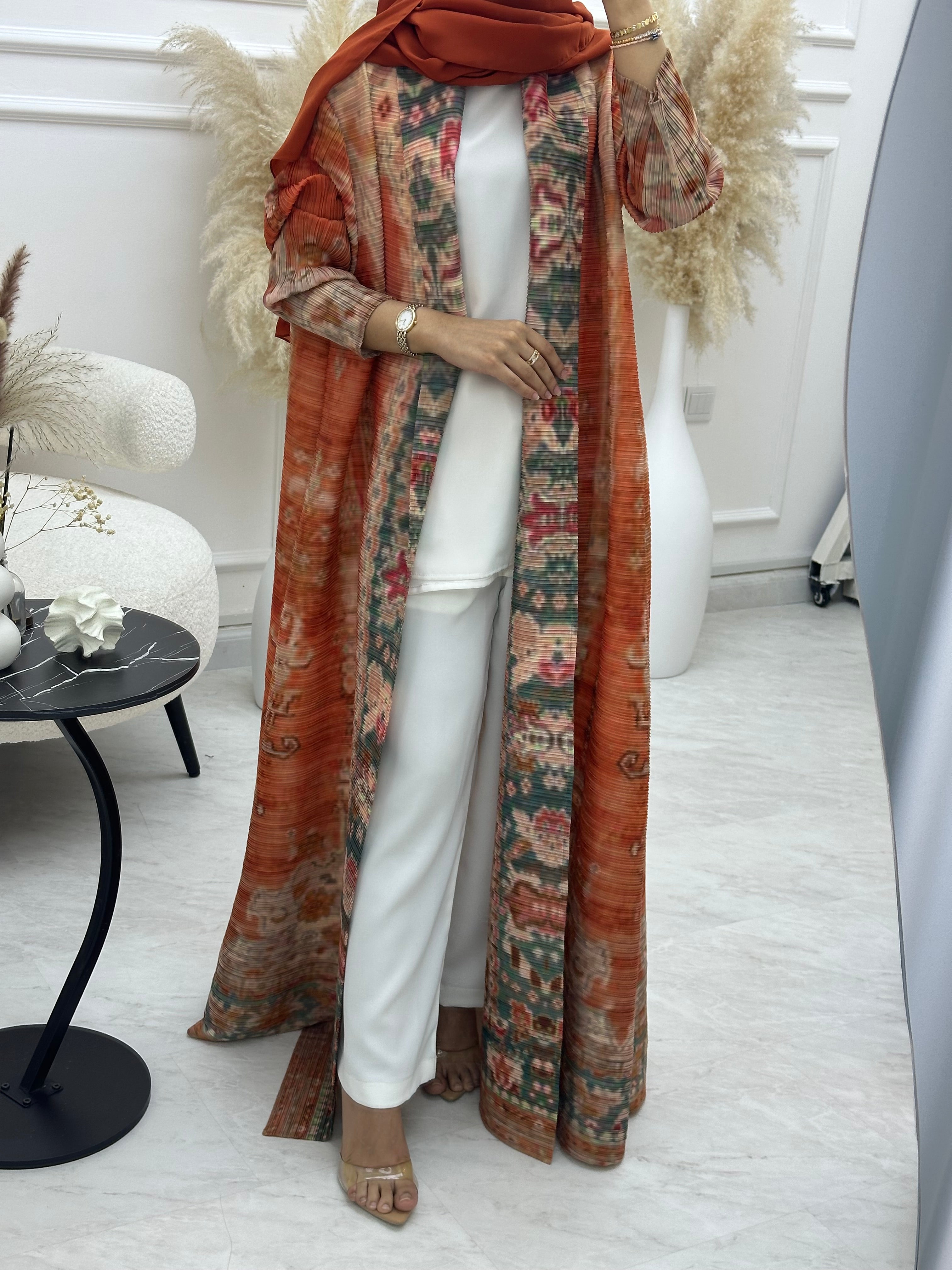 C RTW 04 Orange Pleated Print Abaya