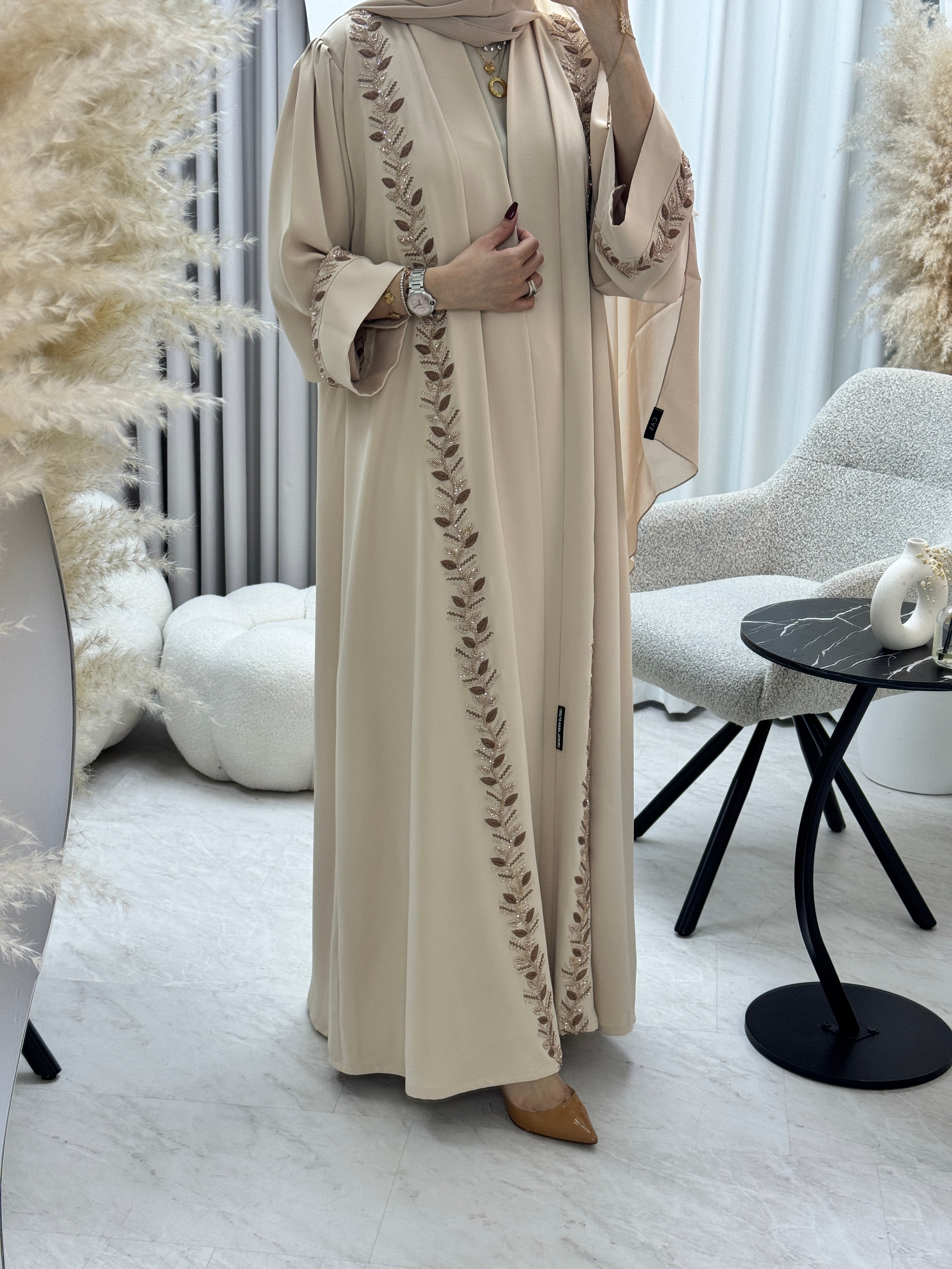 C 1286 Beige Leaf Beaded Abaya