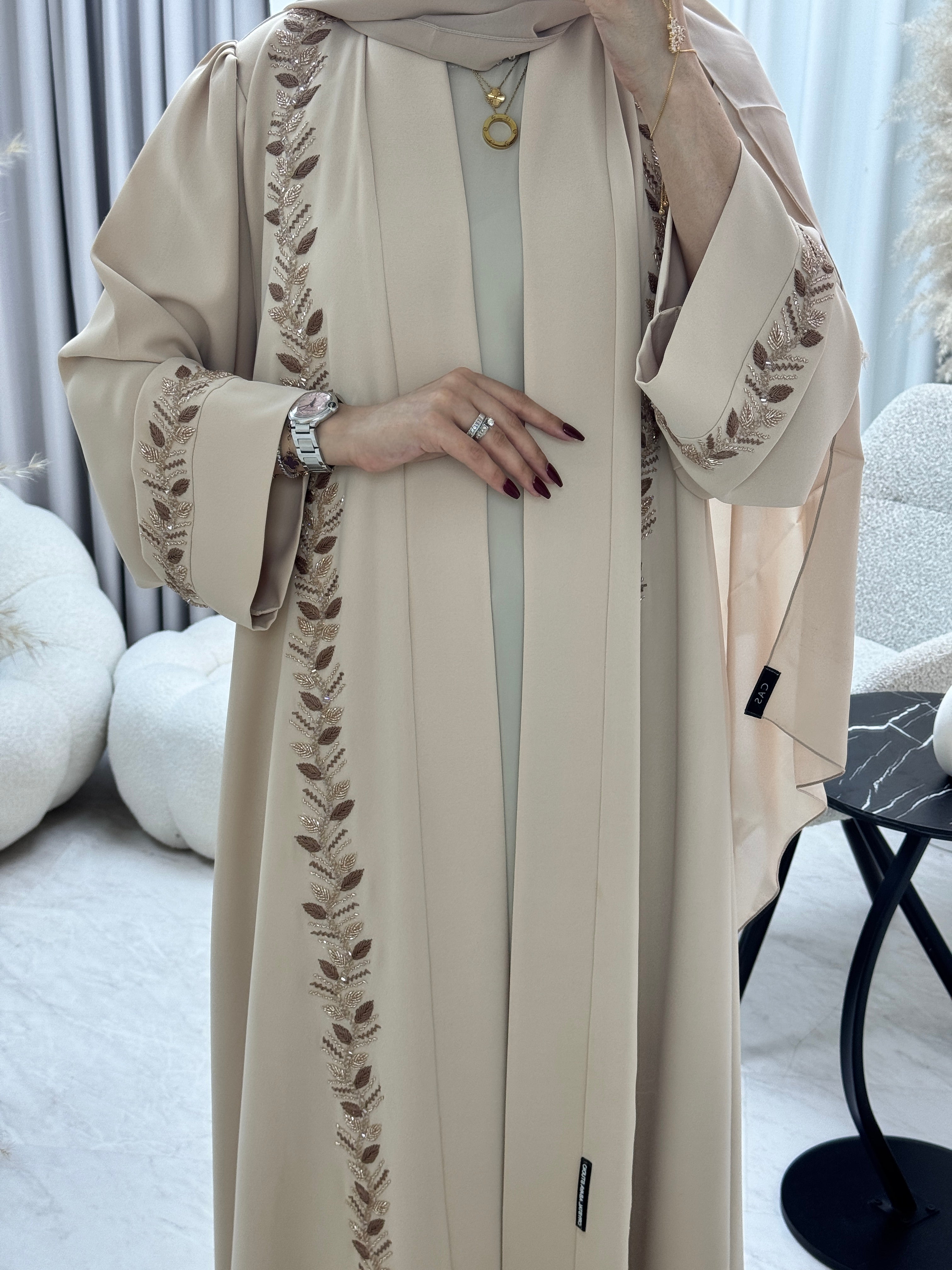 C 1286 Beige Leaf Beaded Abaya
