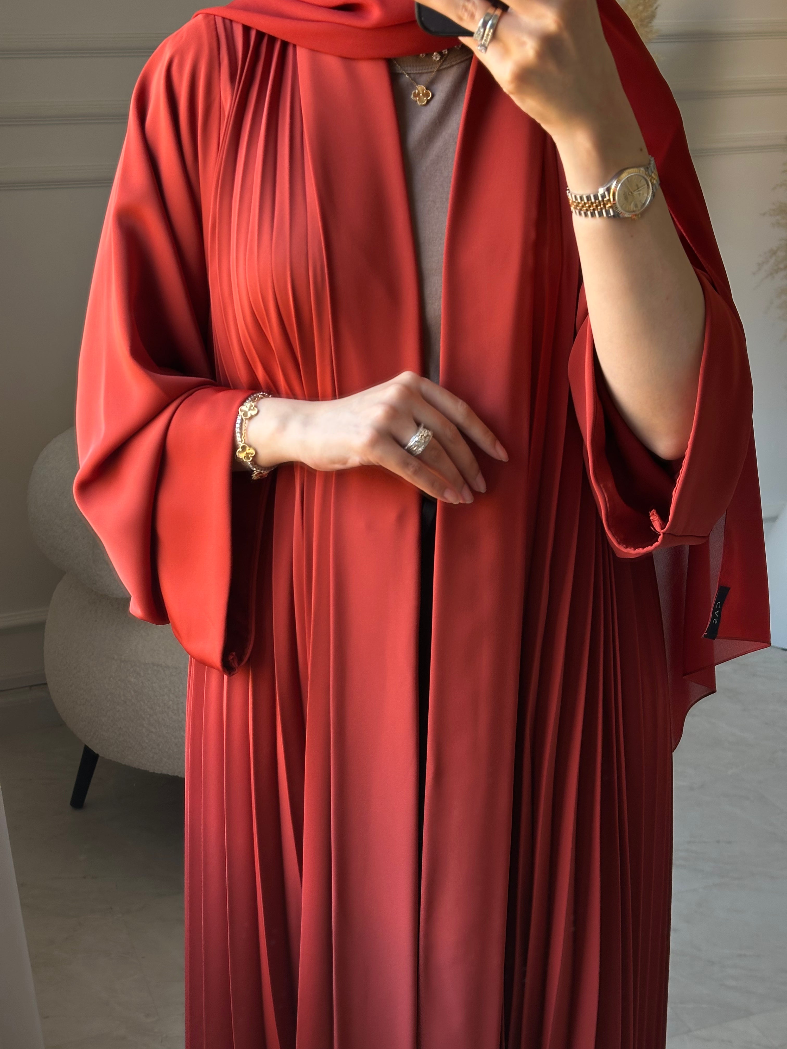 C 1517-09 Burnt Orange Premium Nada Pleated Abaya