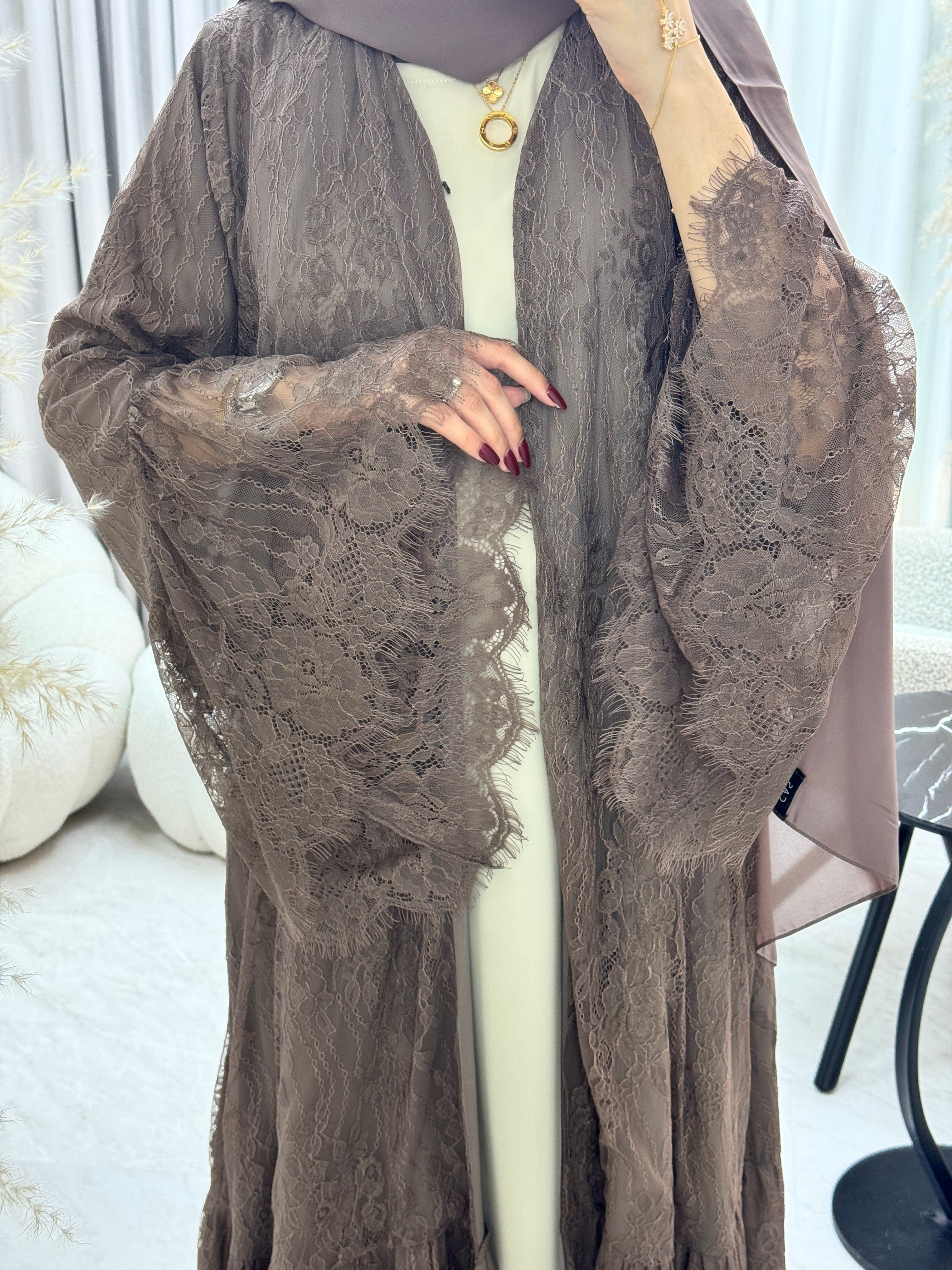 Cocoa Dantel Abaya with Sheila – Luxury Arabic Abaya – CAS Abaya