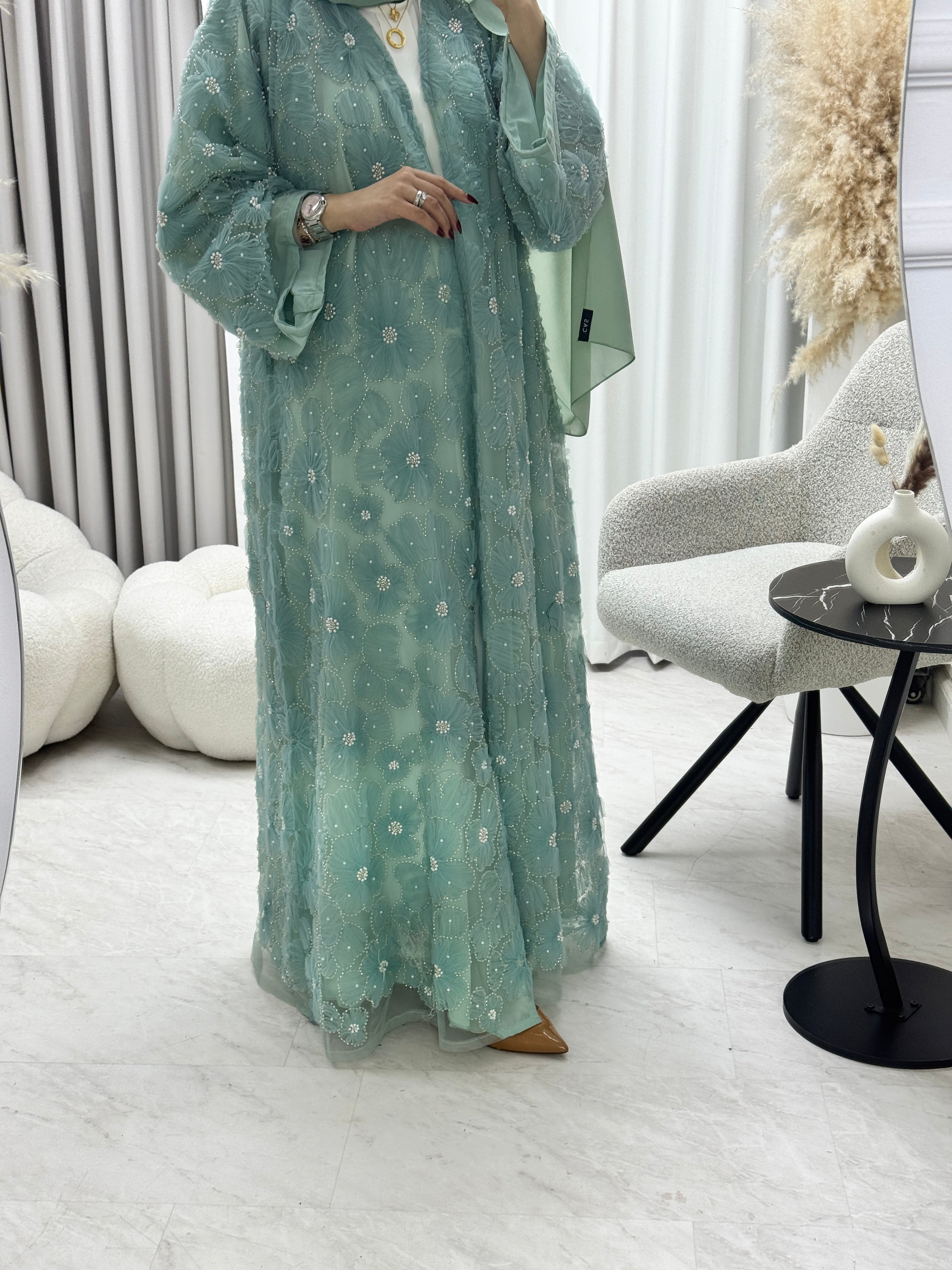 C 1289-02 Turquoise Beaded Dantel Abaya