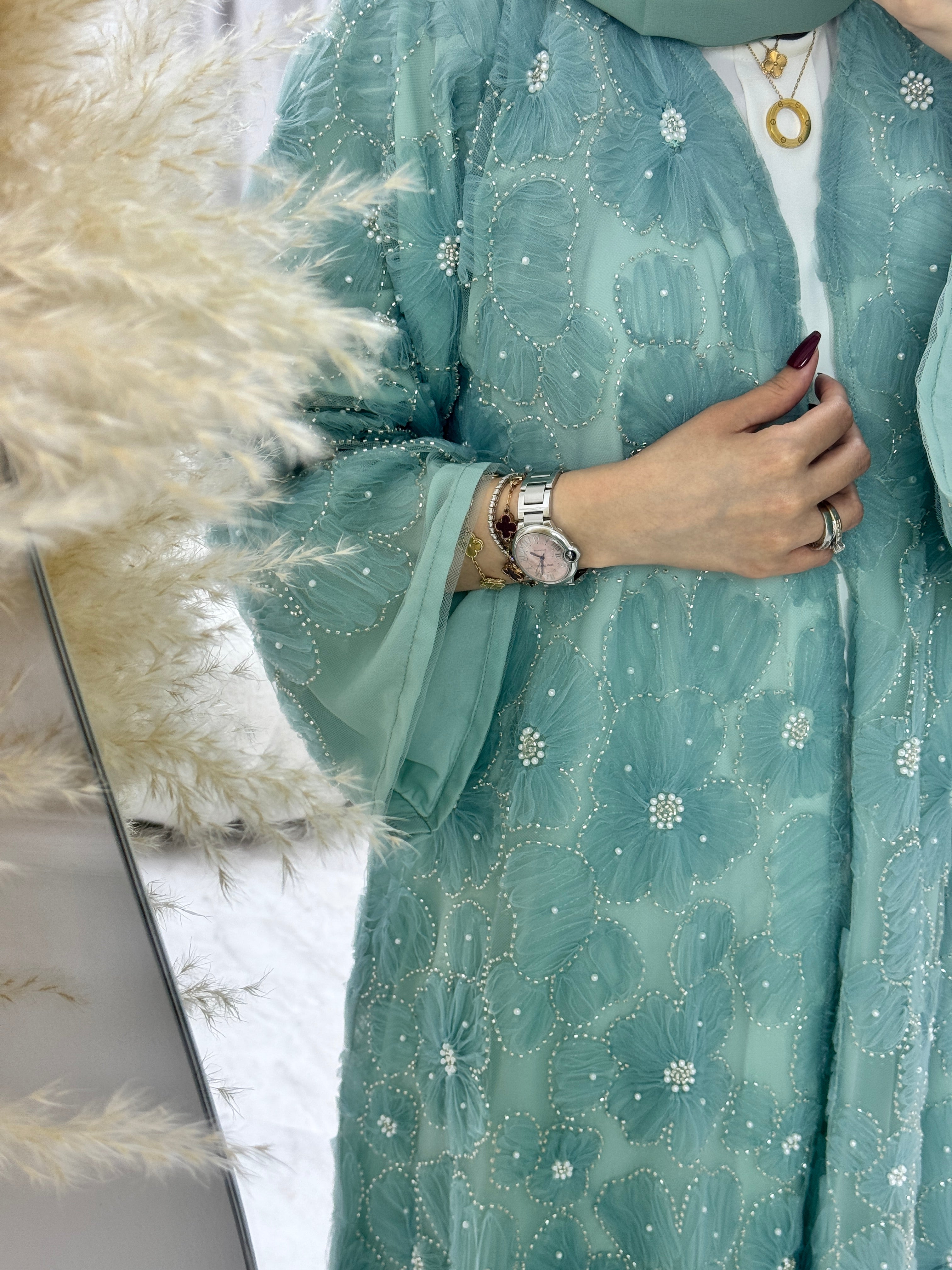 C 1289-02 Turquoise Beaded Dantel Abaya