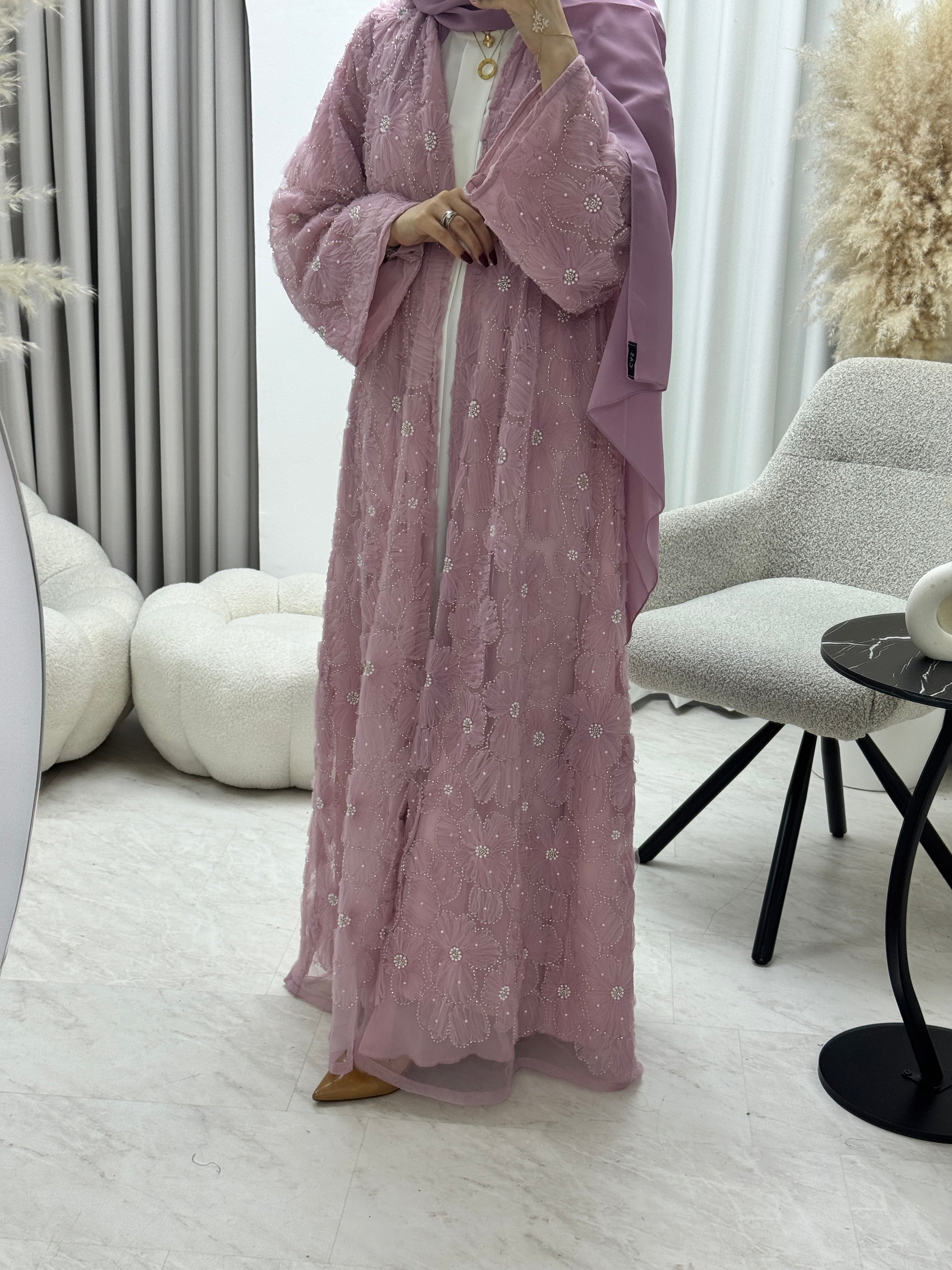 C 1289-03 Baby Pink Beaded Dantel Abaya