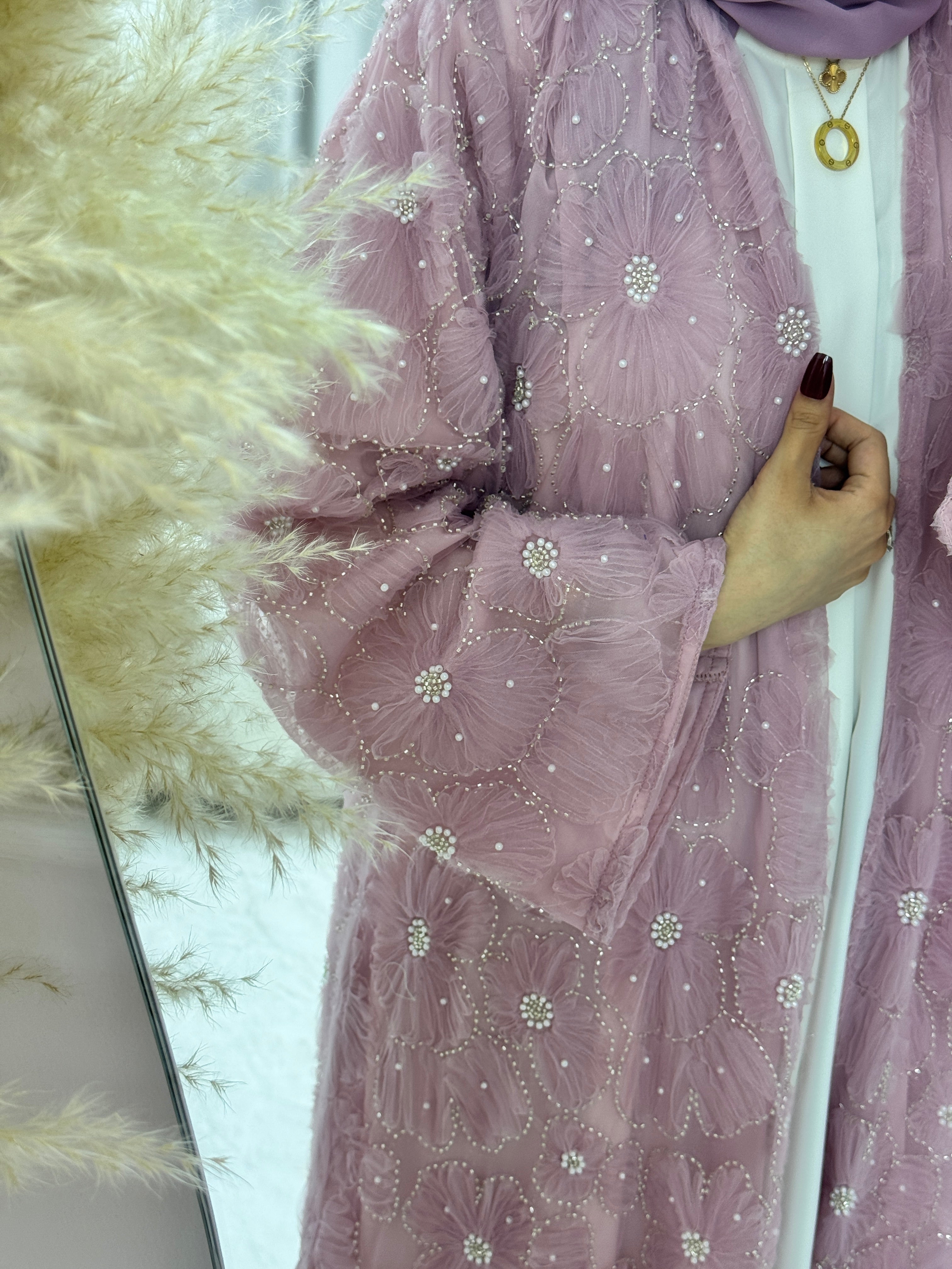 C 1289-03 Baby Pink Beaded Dantel Abaya